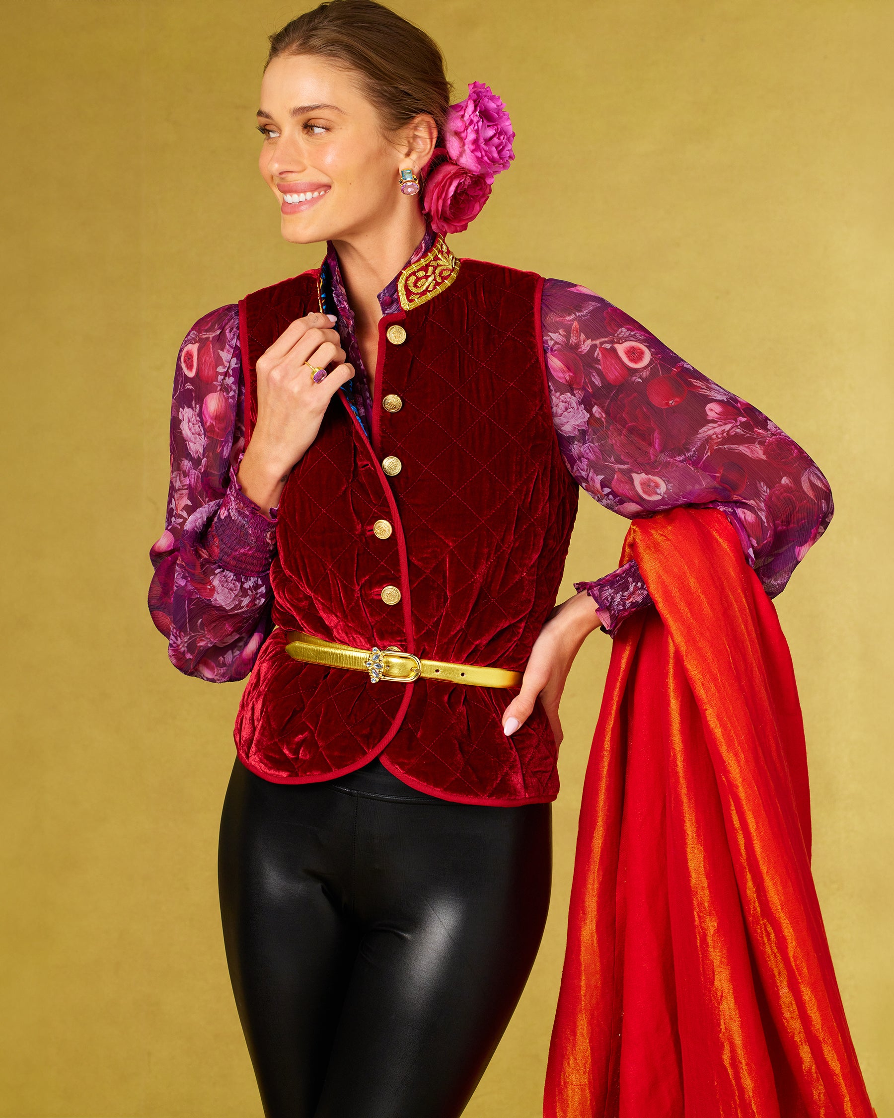 Josephine Reversible Pashmina Shawl in Gold Shimmer Red worn with the Tess Chiffon Blouse, NBentley Silk Blend Quilted Red Vest and Roxana Black Leggings