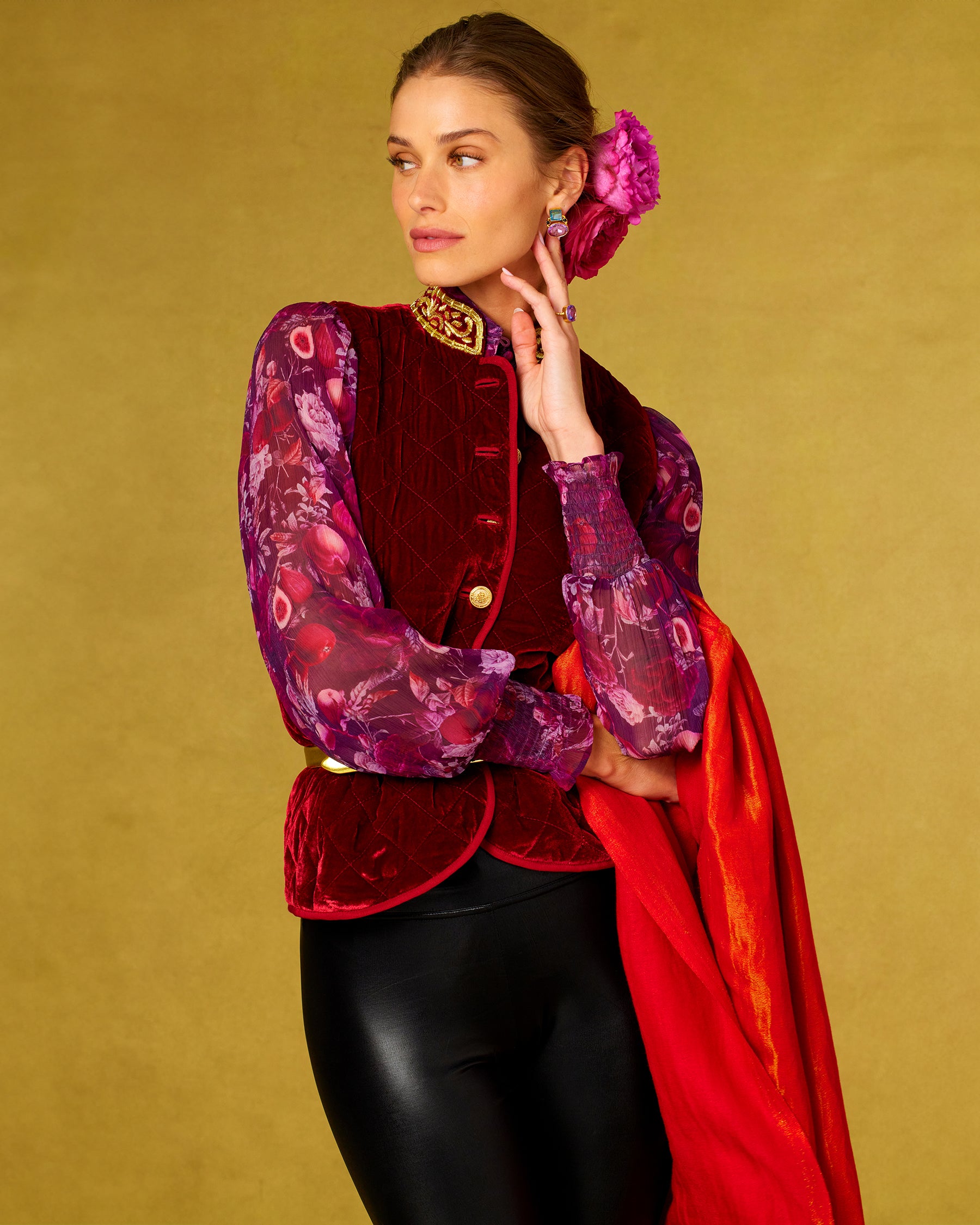 Bentley Quilted Vest in Crimson Red Silk Blend Velvet and Gold Embellishment worn with the Tess Crinkle Chiffon Blouse in Opulent Harvest and the Josephine Reversible Pashmina Shawl in Gold Shimmer Red