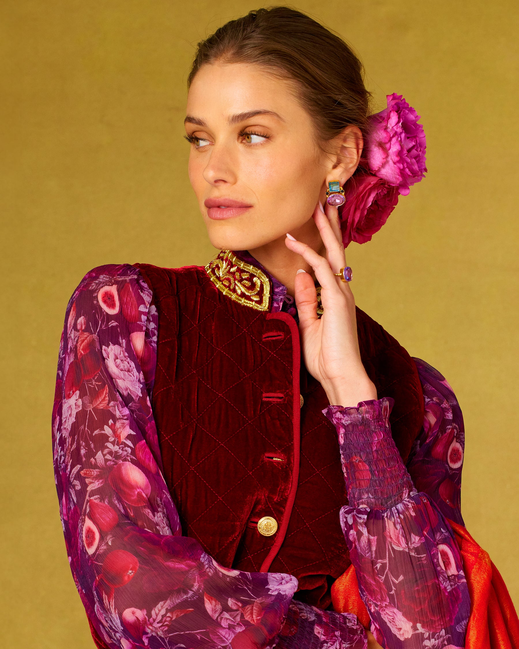 Bentley Quilted Vest in Crimson Red Silk Blend Velvet and Gold Embellishment-Portrait showing gold embellished collar