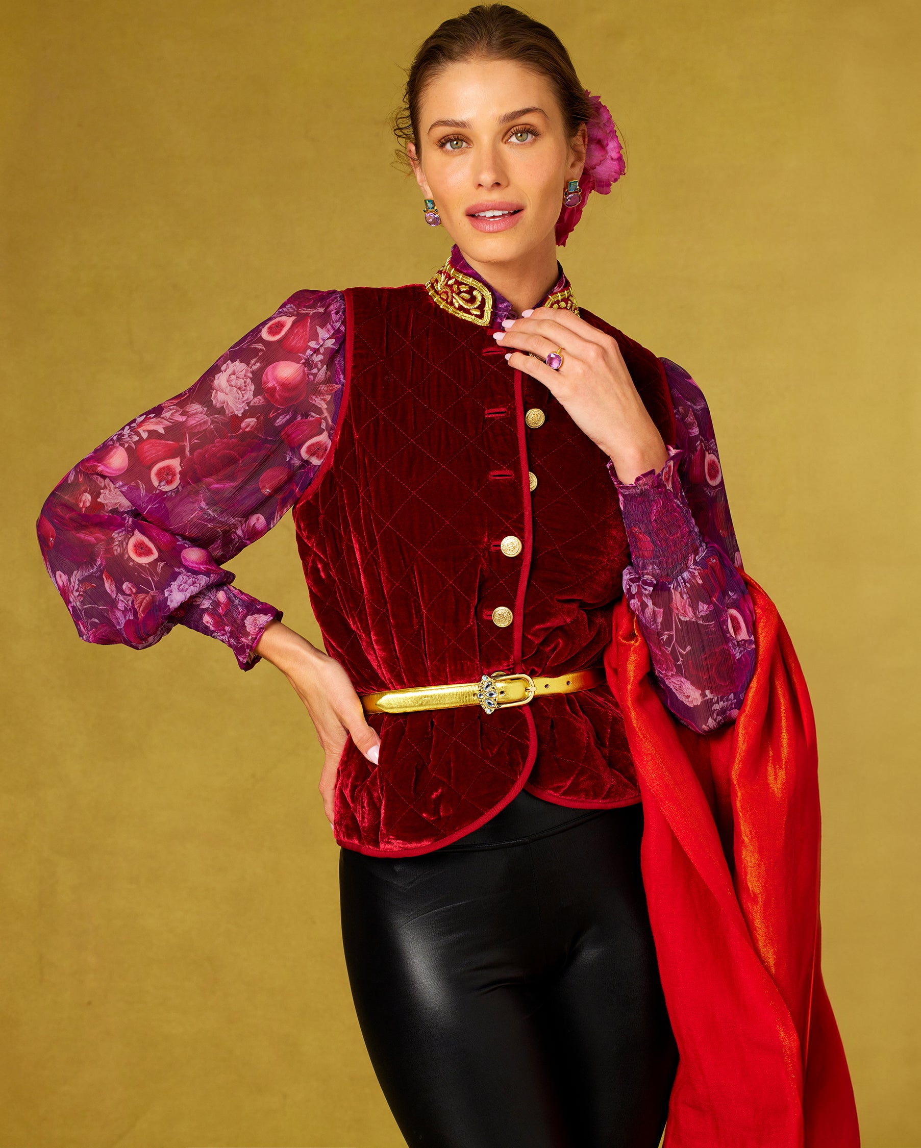 Bentley Quilted Vest in Crimson Red Silk Blend Velvet and Gold Embellishment worn with the Tess Crinkle Chiffon Blouse in Opulent Harvest and the Josephine Reversible Pashmina Shawl in Gold Shimmer Red