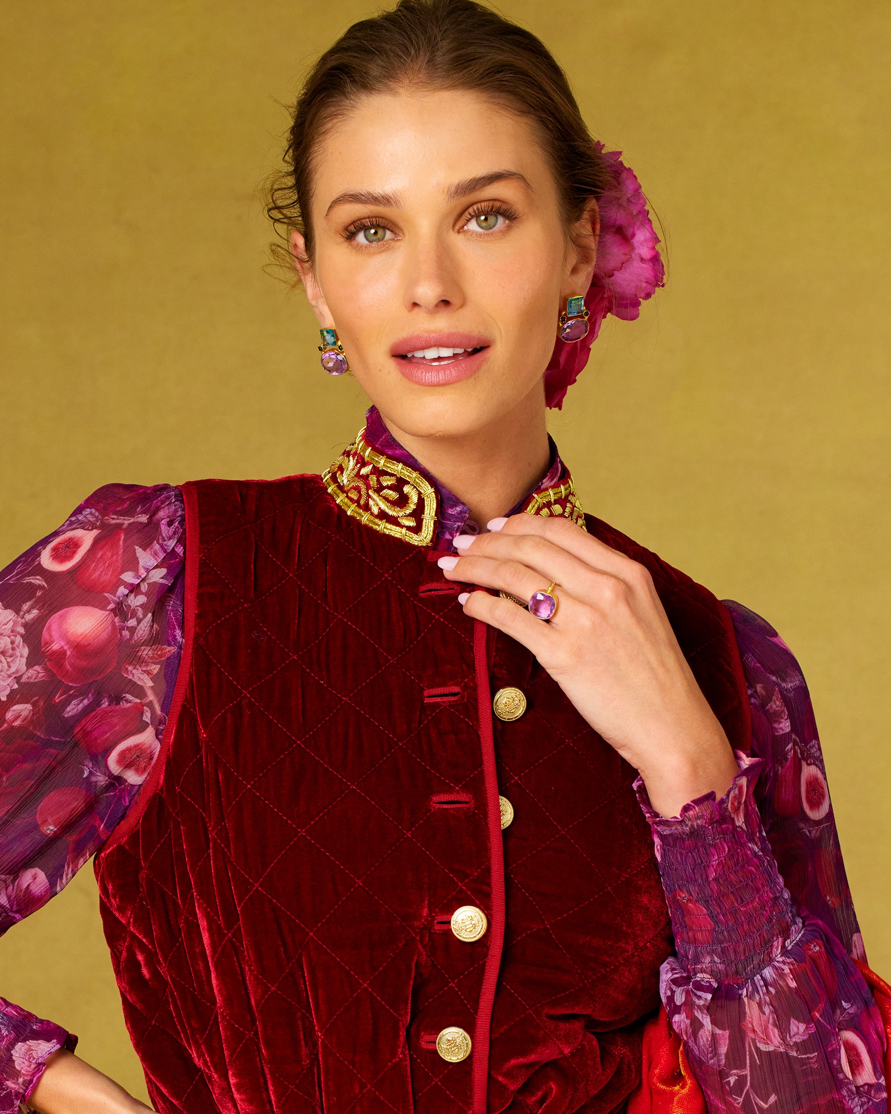 Bentley Quilted Vest in Crimson Red Silk Blend Velvet and Gold Embellishment-Portrait showing gold embellished collar