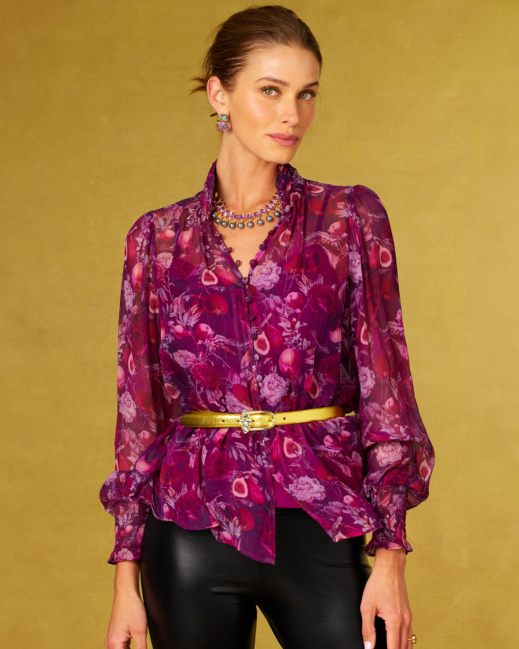 Tess Crinkle Chiffon Blouse in Opulent Harvest-Front view cinched with the Brooke Leather Belt in Gold and Blue Gem Accents