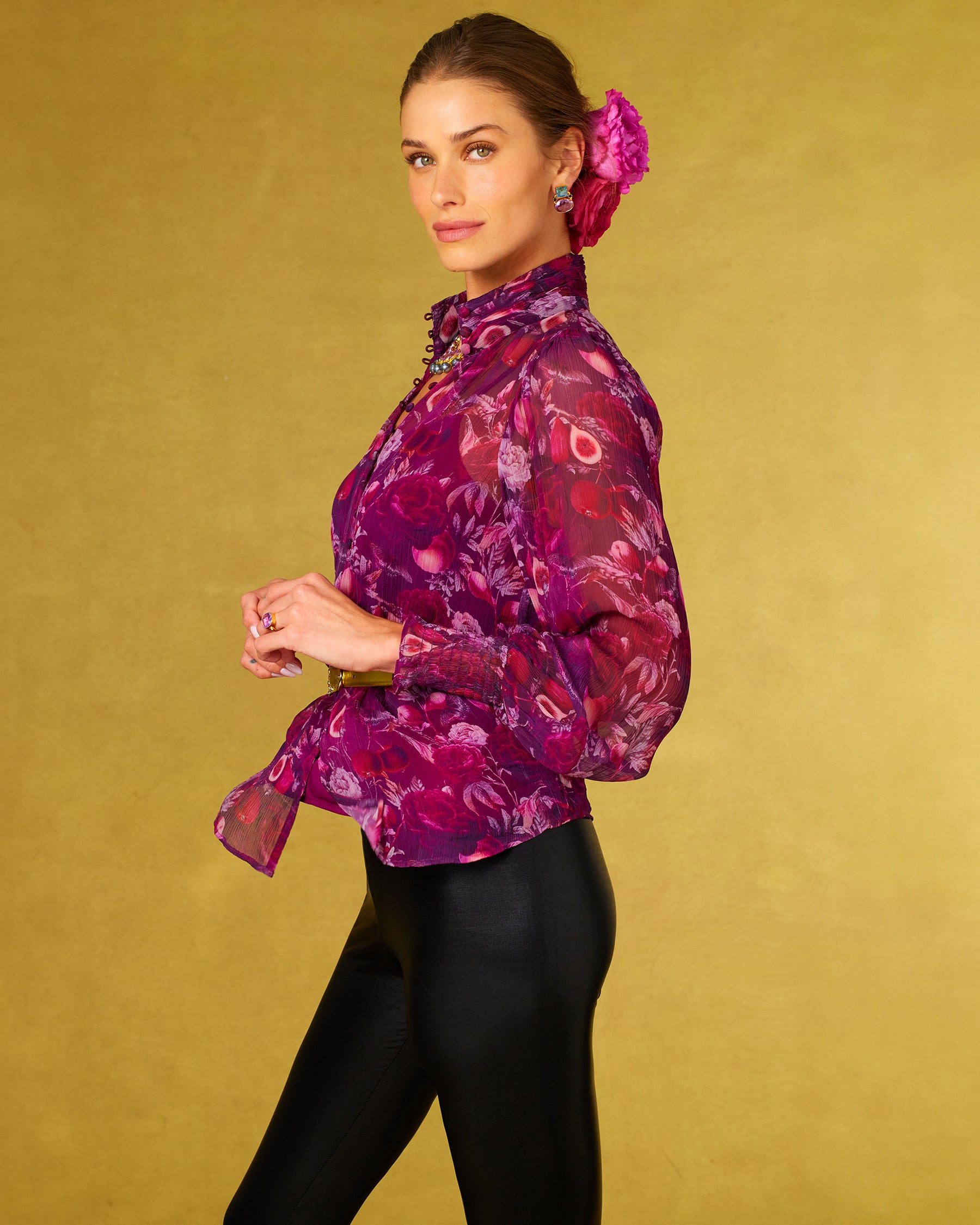 Tess Crinkle Chiffon Blouse in Opulent Harvest-side view