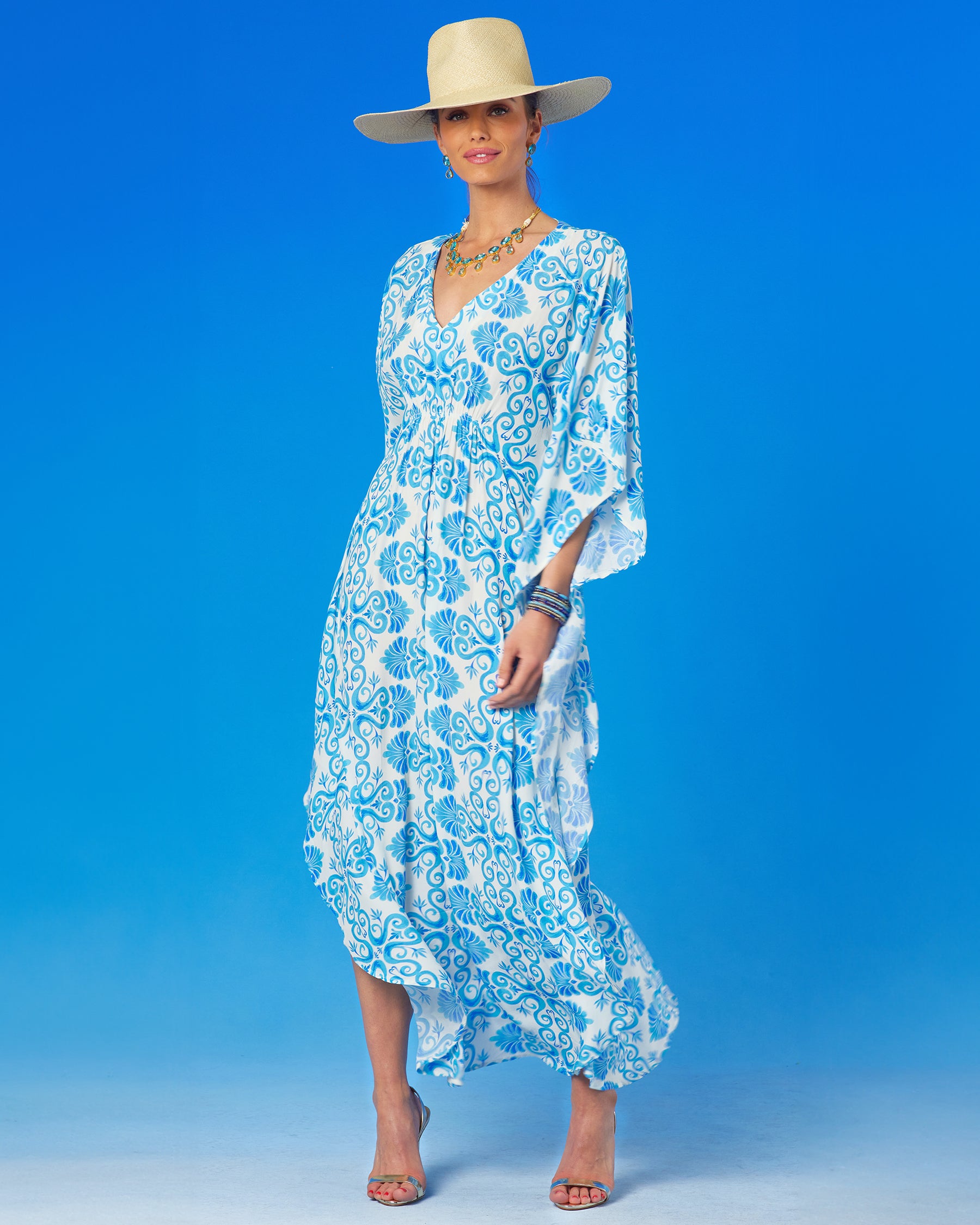 Thetis Cinched Long Kaftan in Blue and White