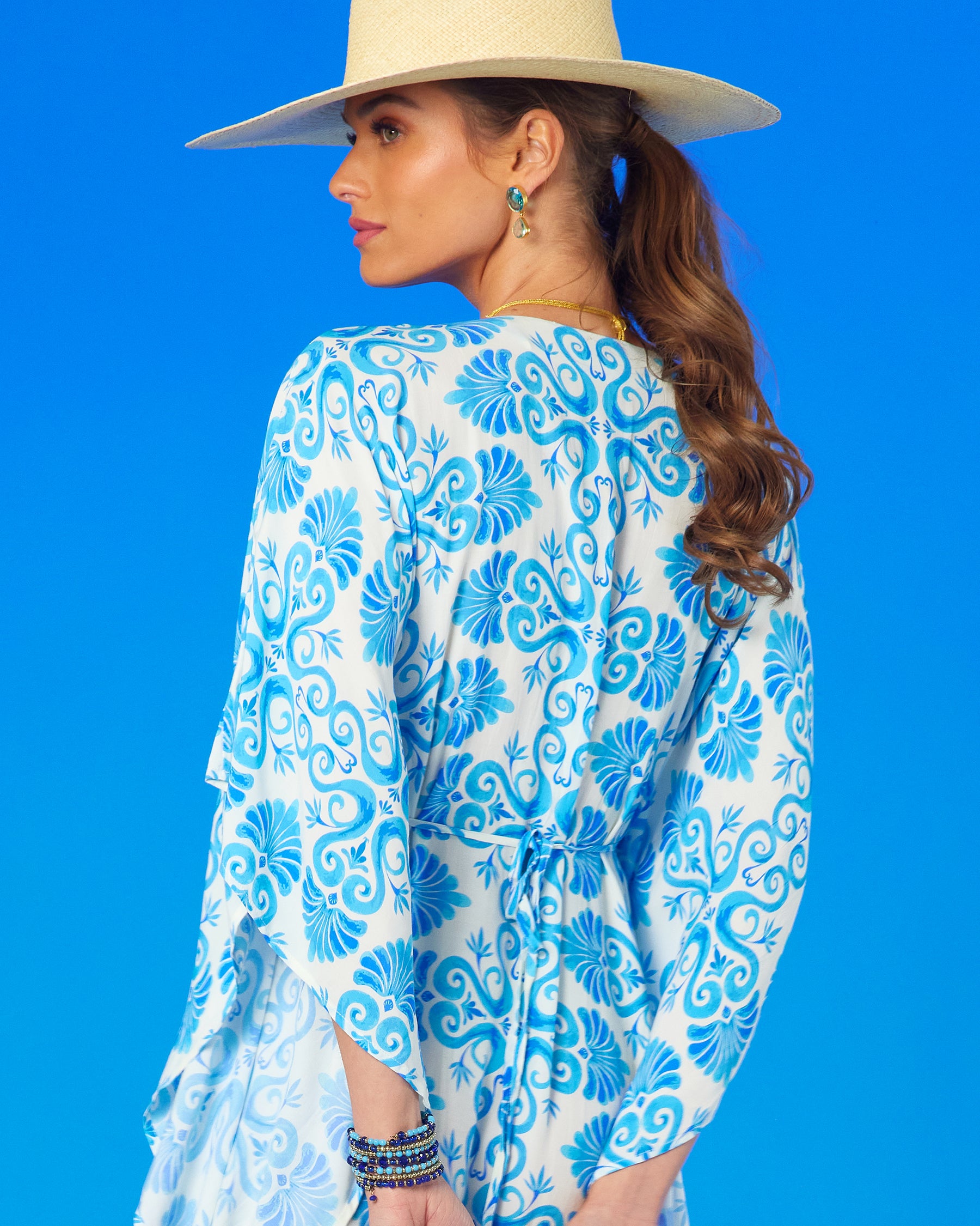 Thetis Cinched Long Kaftan in Blue and White-closeup view