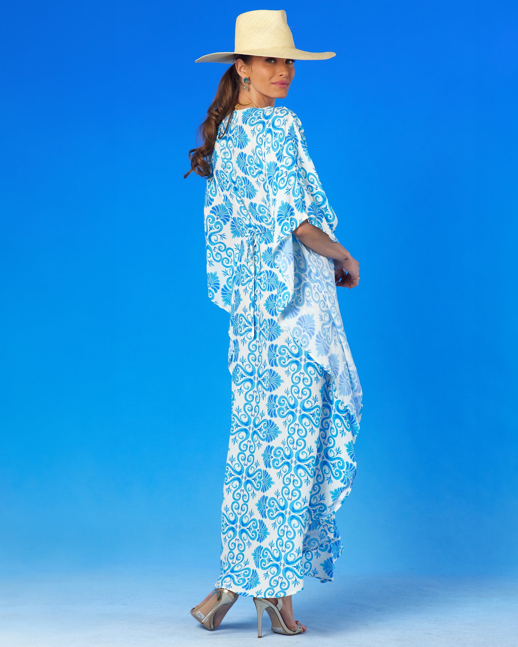 Thetis Cinched Long Kaftan in Blue and White-back view
