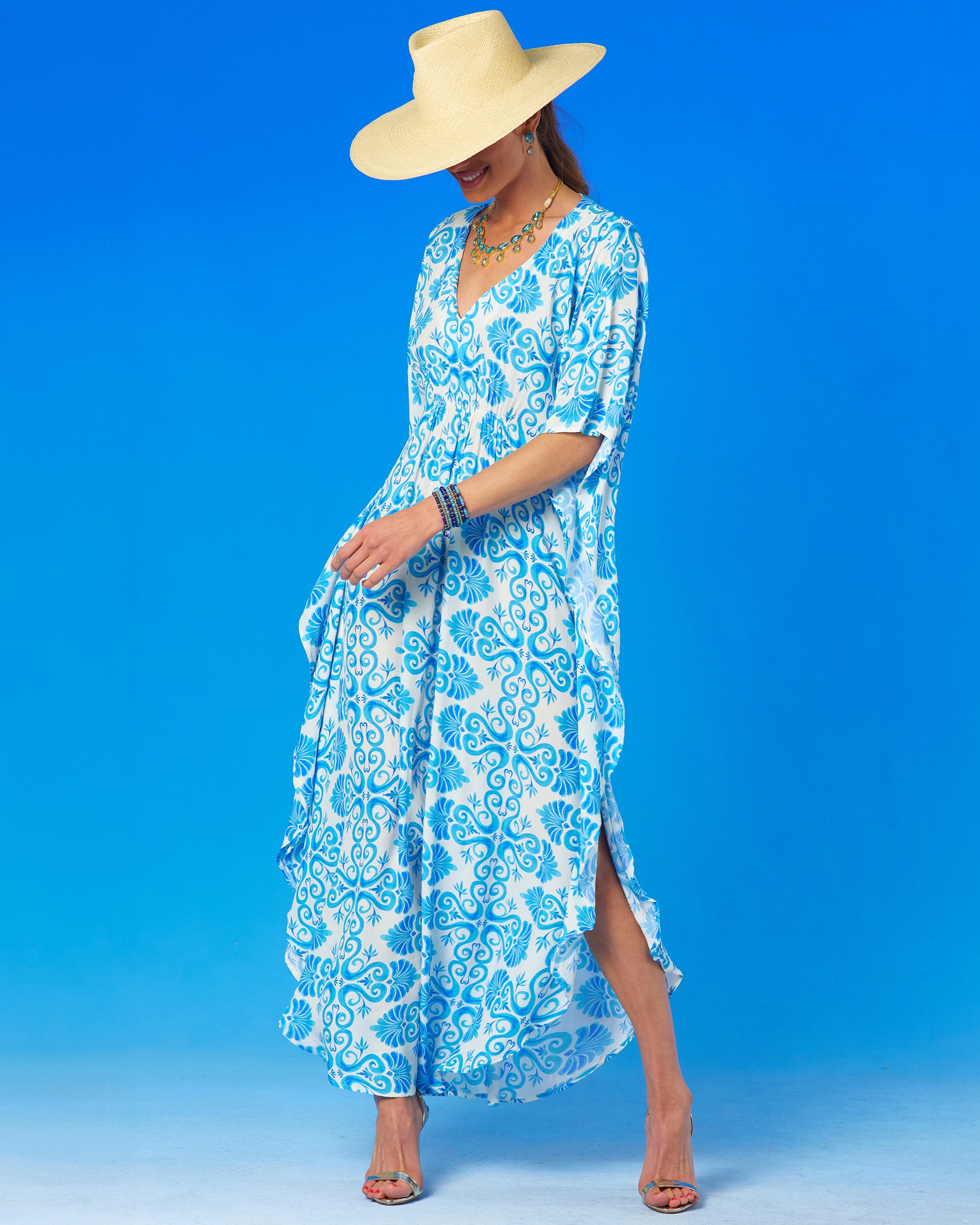 Thetis Cinched Long Kaftan in Blue and White