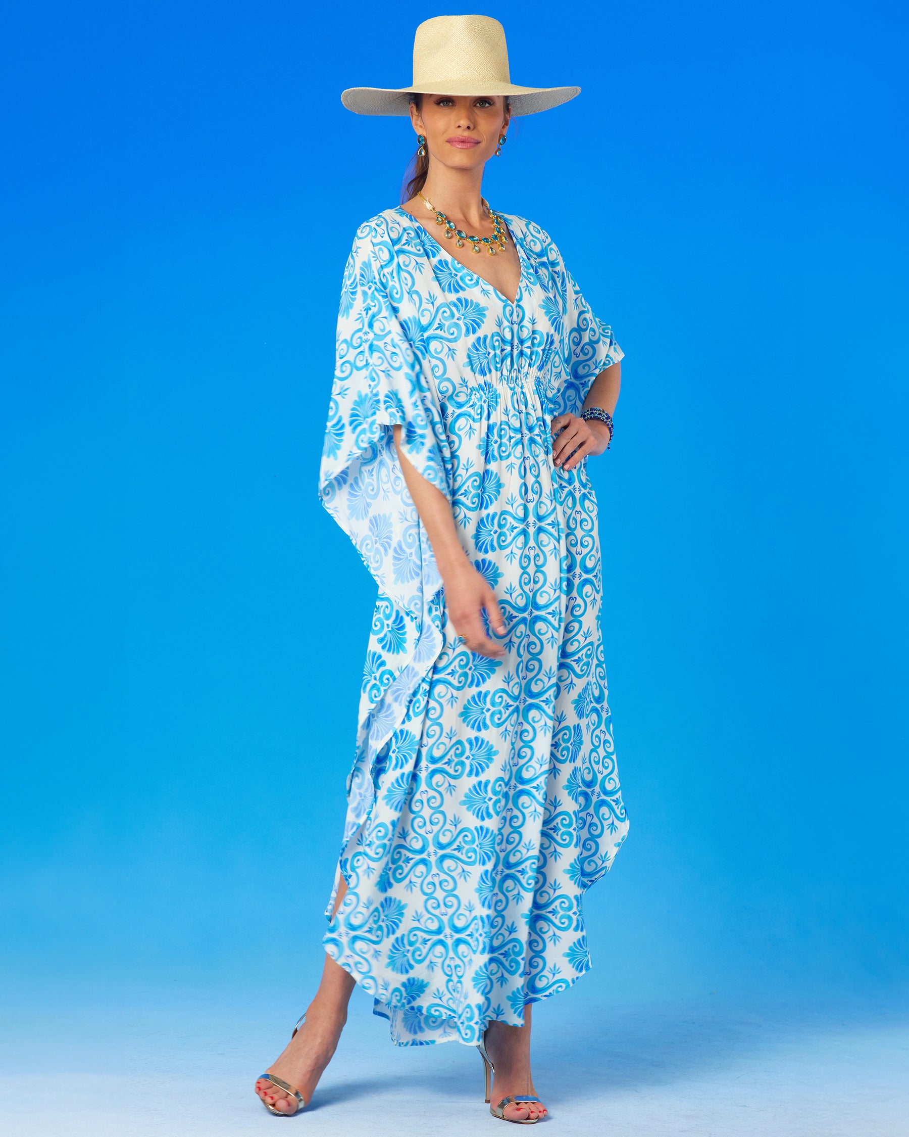 Thetis Cinched Long Kaftan in Blue and White- full frontalview