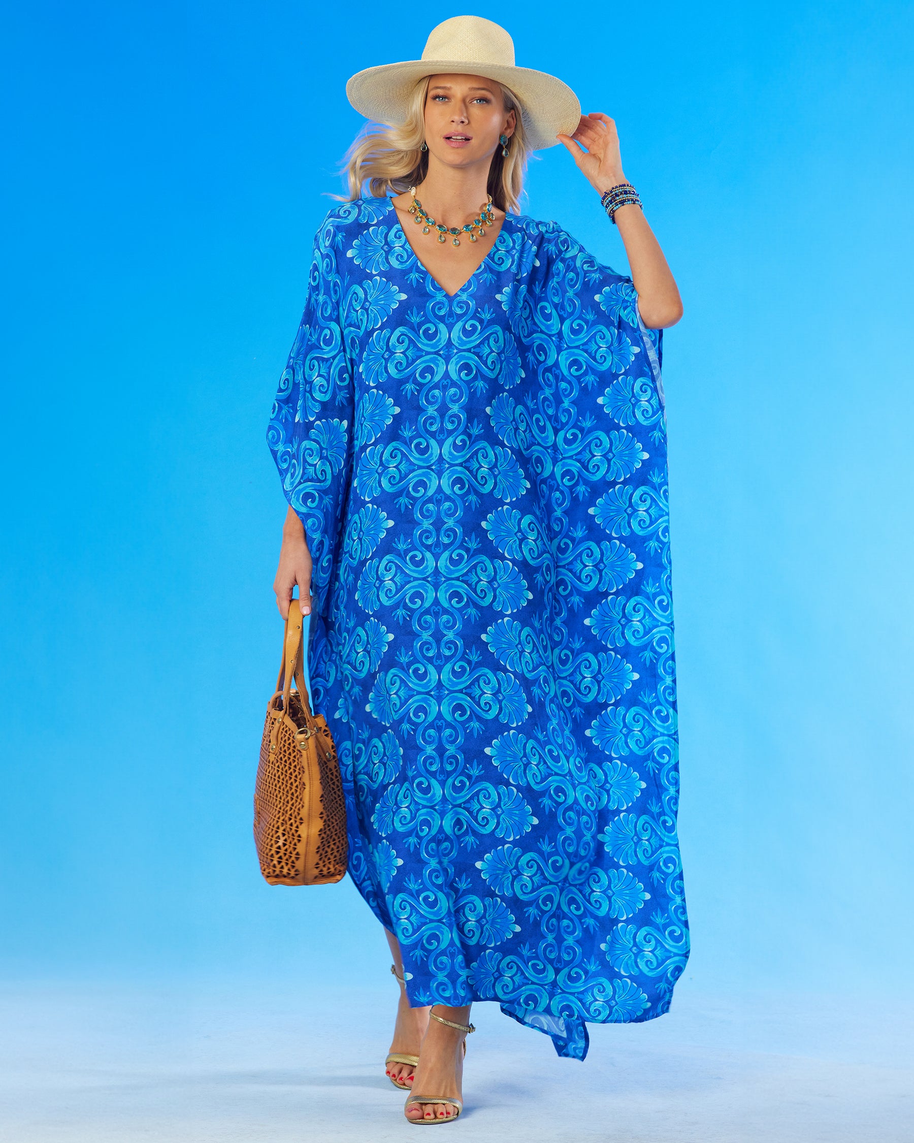 Thetis Long Kaftan in Mediterranean Blue-Full frontal view with Campomaggi Leather Tote Bag Made in Italy