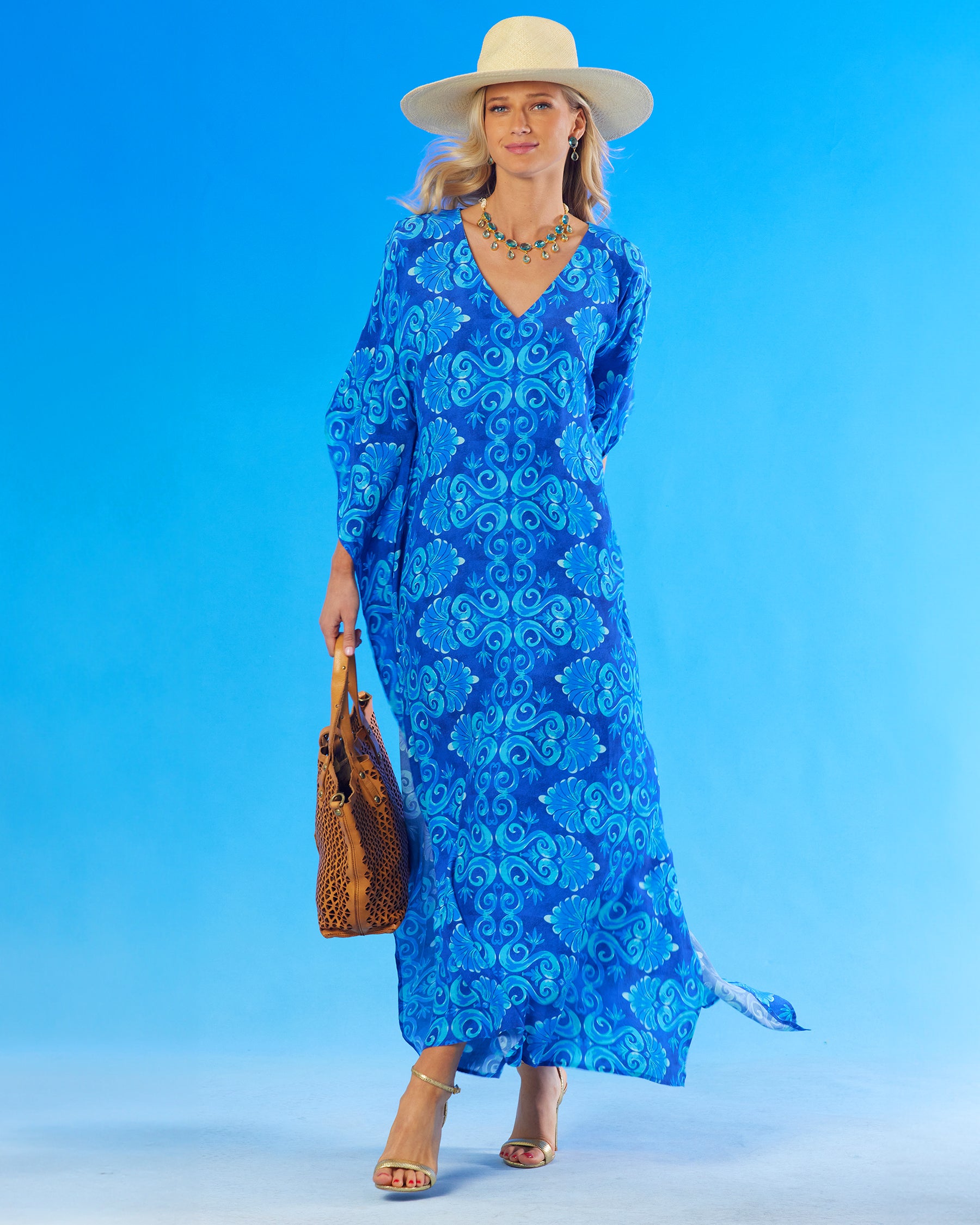 Thetis Long Kaftan in Mediterranean Blue-Full frontal view with Campomaggi Leather Tote Bag Made in Italy