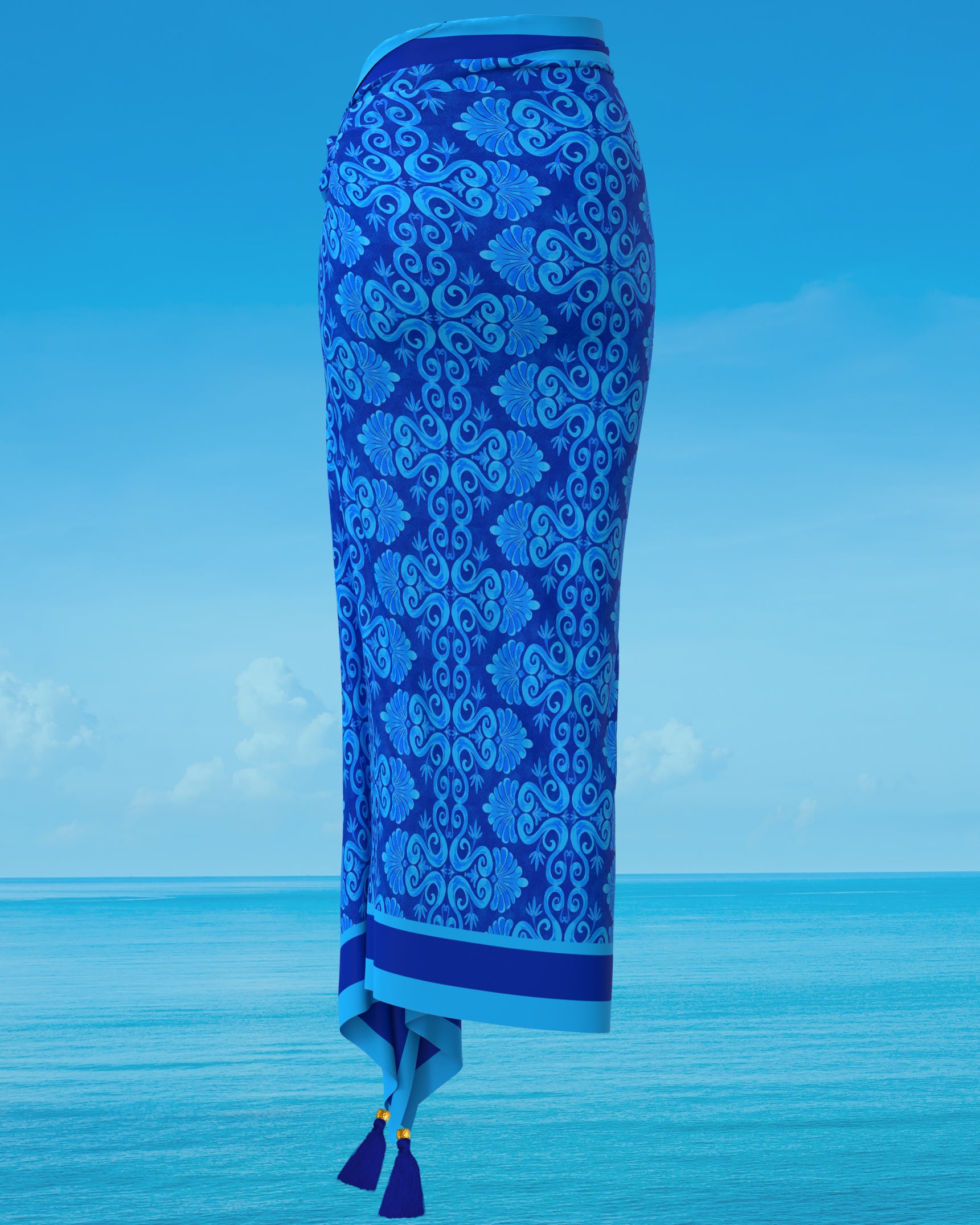 Thetis Organic Cotton Pareo in Mediterranean Blue tied as a skirt back view