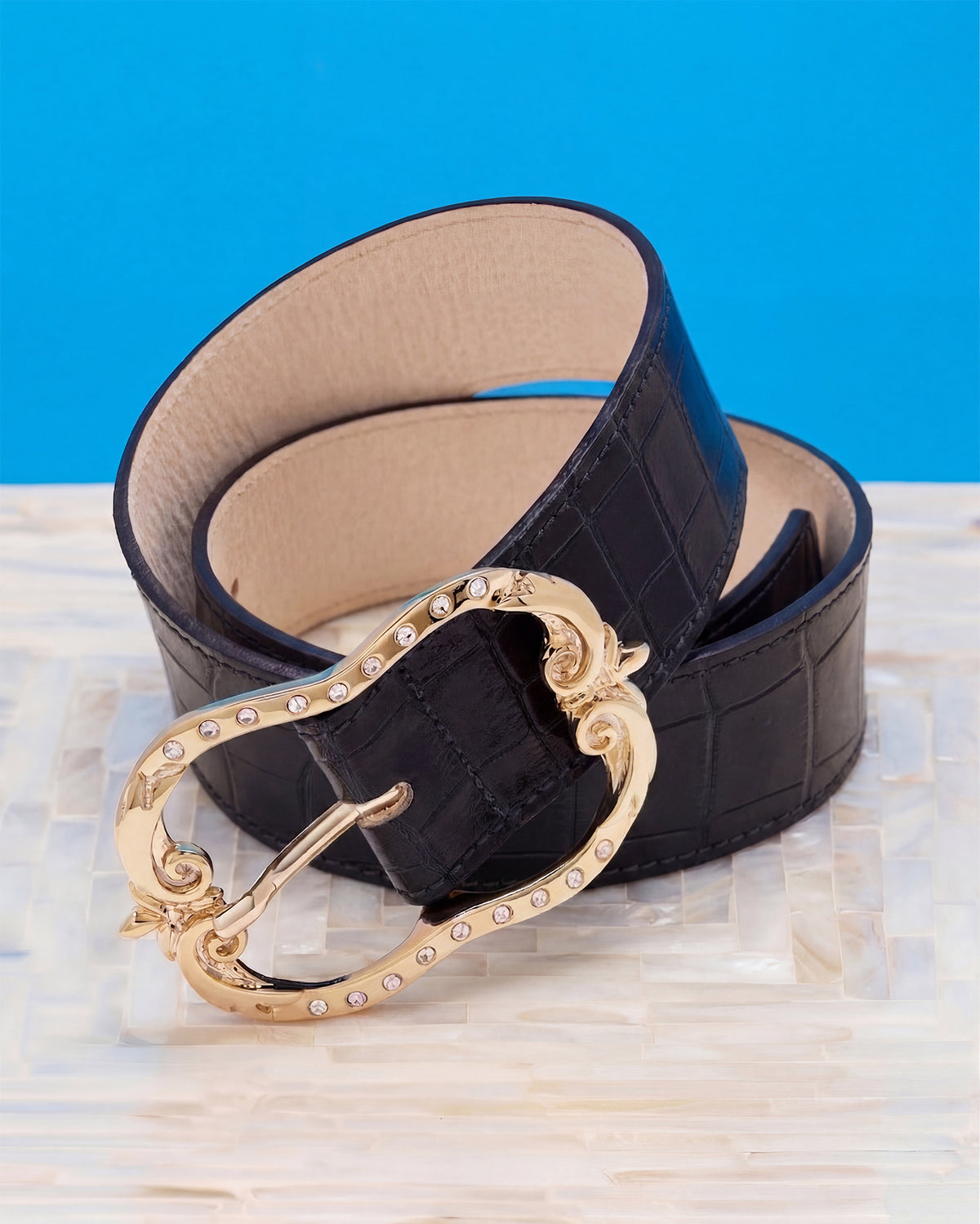 Tinsley Leather Belt in Croc-Embossed Black