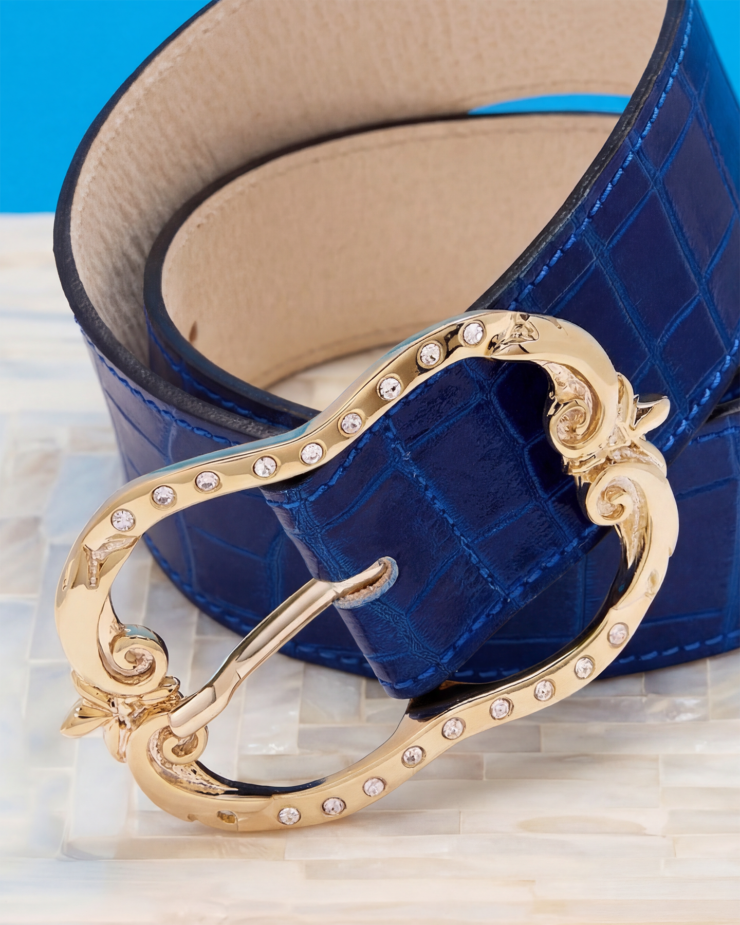 NicoBlu® Tinsley Leather Belt in Croc-Embossed Navy