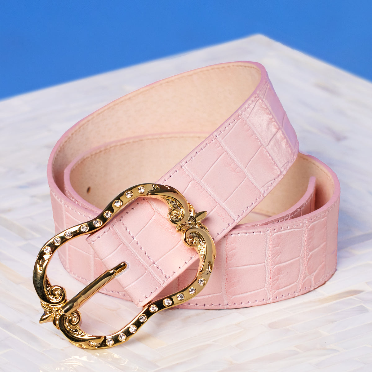 Costume National Light Pink Leather Wide Waist Round Buckle Women\'s Belt Solid Iridescent Pink Patent Leather Belt - Nokona Ballgloves main image 4