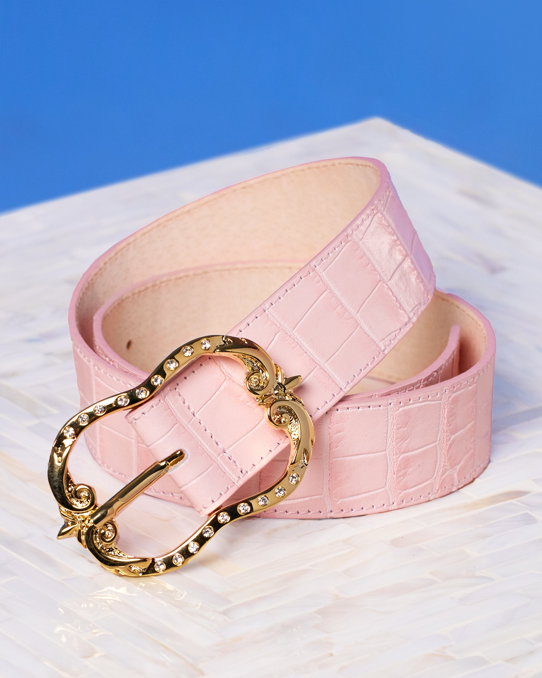 Tinsley Leather Belt in Croc-Embossed Blush Pink