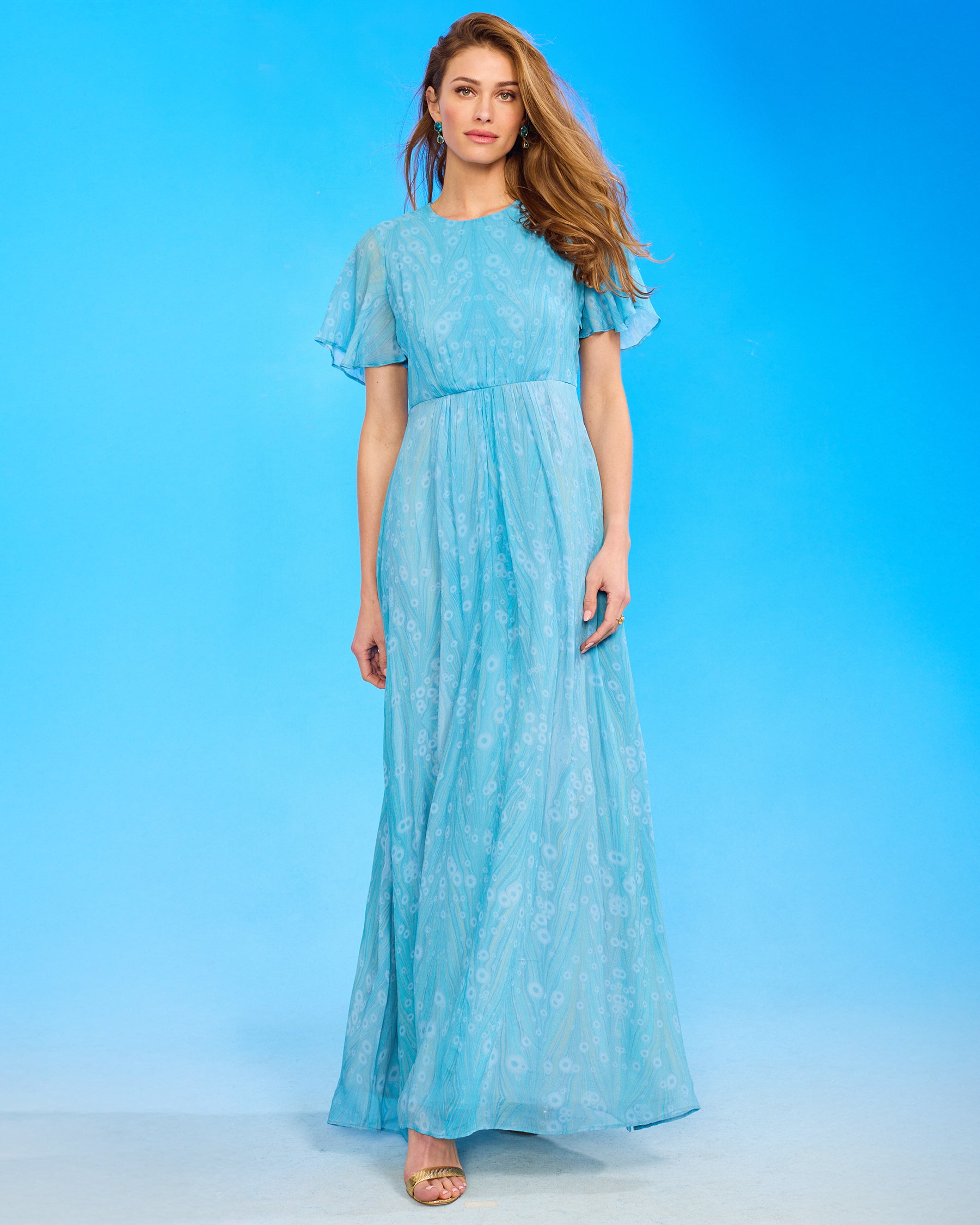 Titania Butterfly Sleeve Chiffon Maxi Dress in Sea Nymph front view