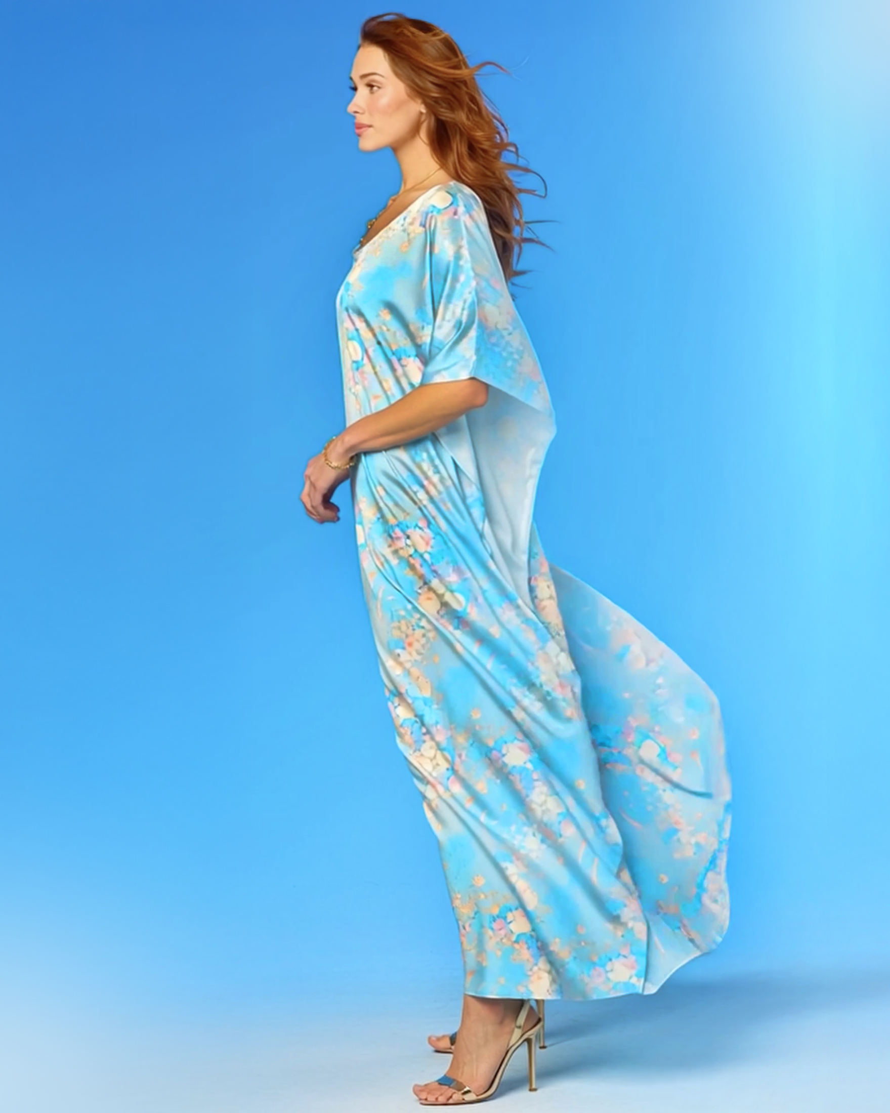 Ophelia Silk Kaftan in Impressionist Florals side view