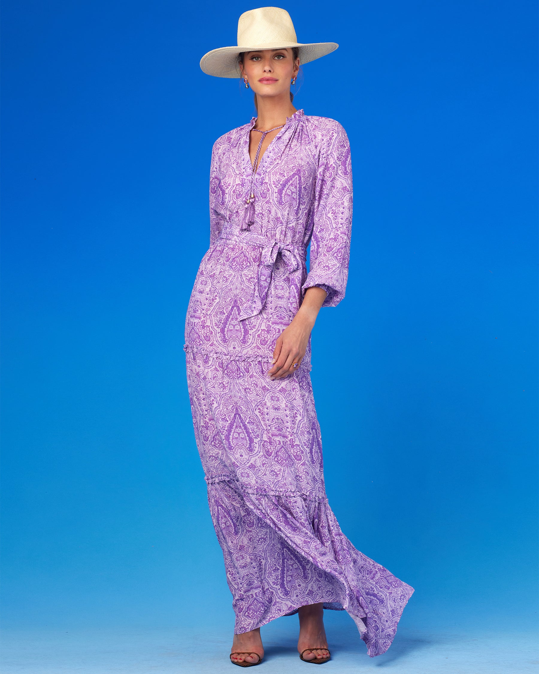 Violette Ruffle Maxi Dress in Lavender Paisley-Front full view with straw hat