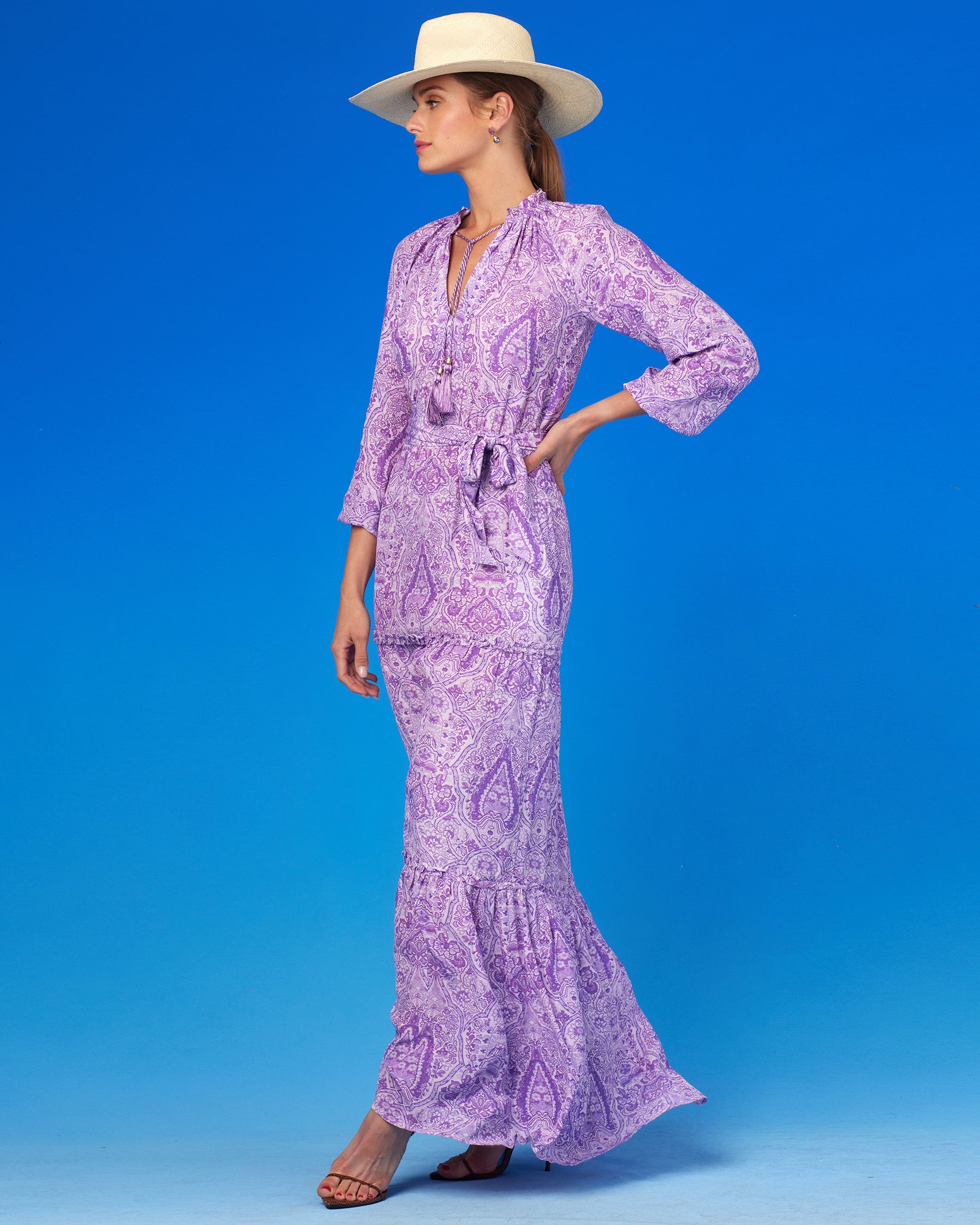 Violette Ruffle Maxi Dress in Lavender Paisley-Side View
