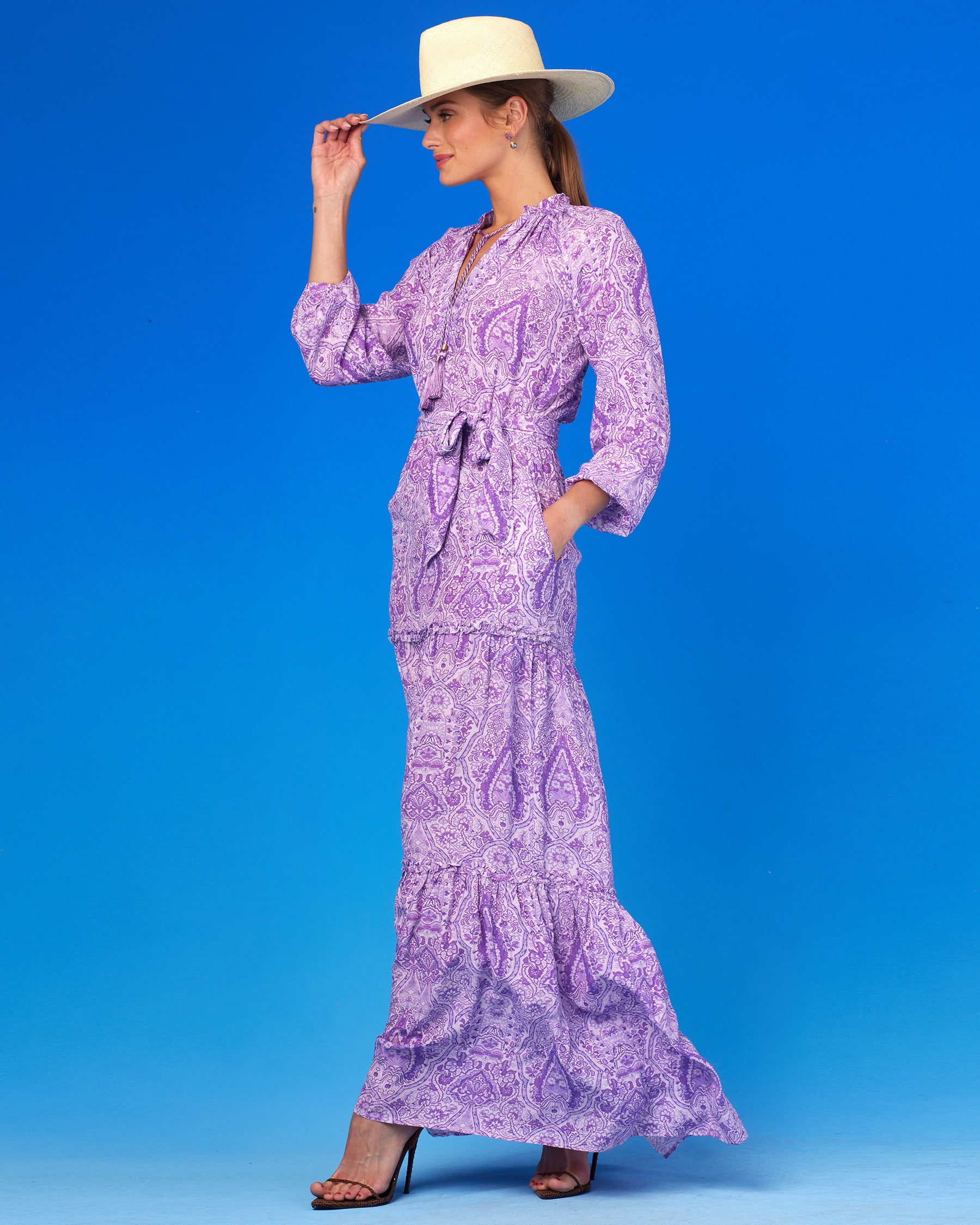 Violette Ruffle Maxi Dress in Lavender Paisley-Side View with hand in pocket