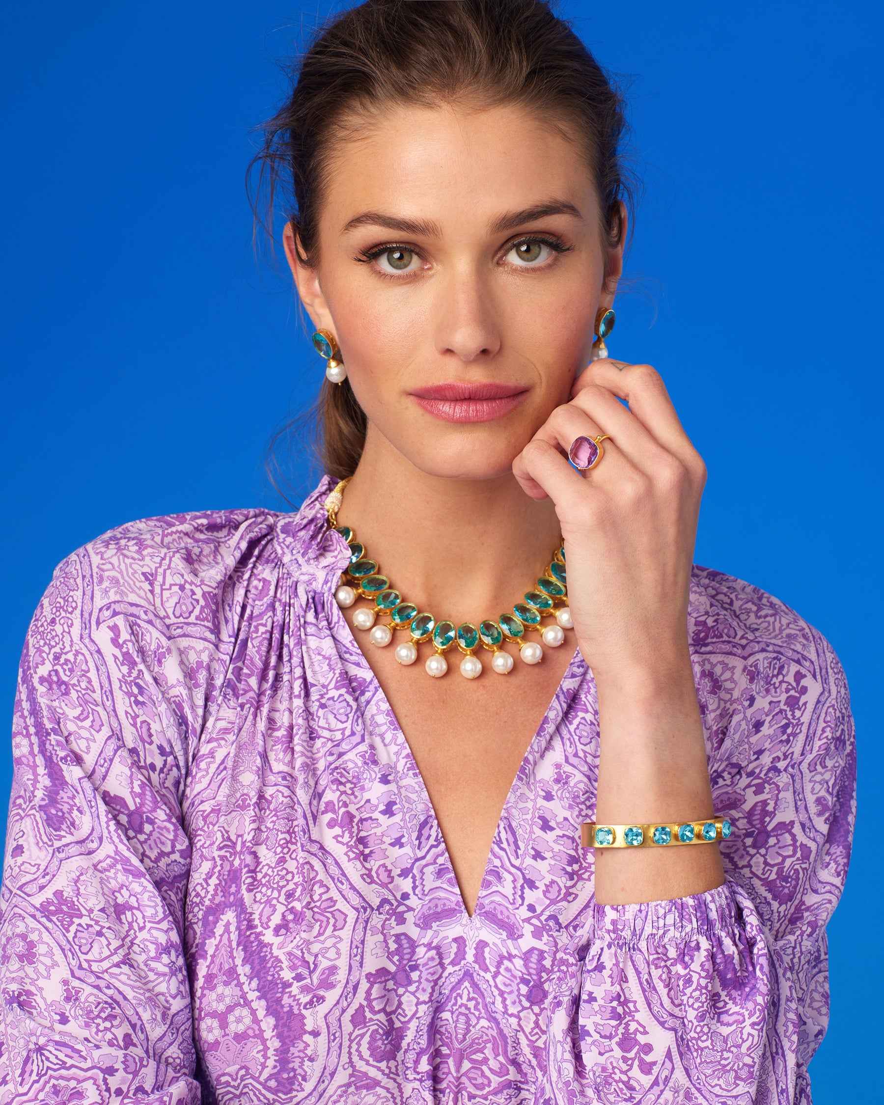 Finley Cuff Bracelet in Crystal Aquamarine-Worn with the Violette Ruffle Maxi Dress in Lavender Paisley