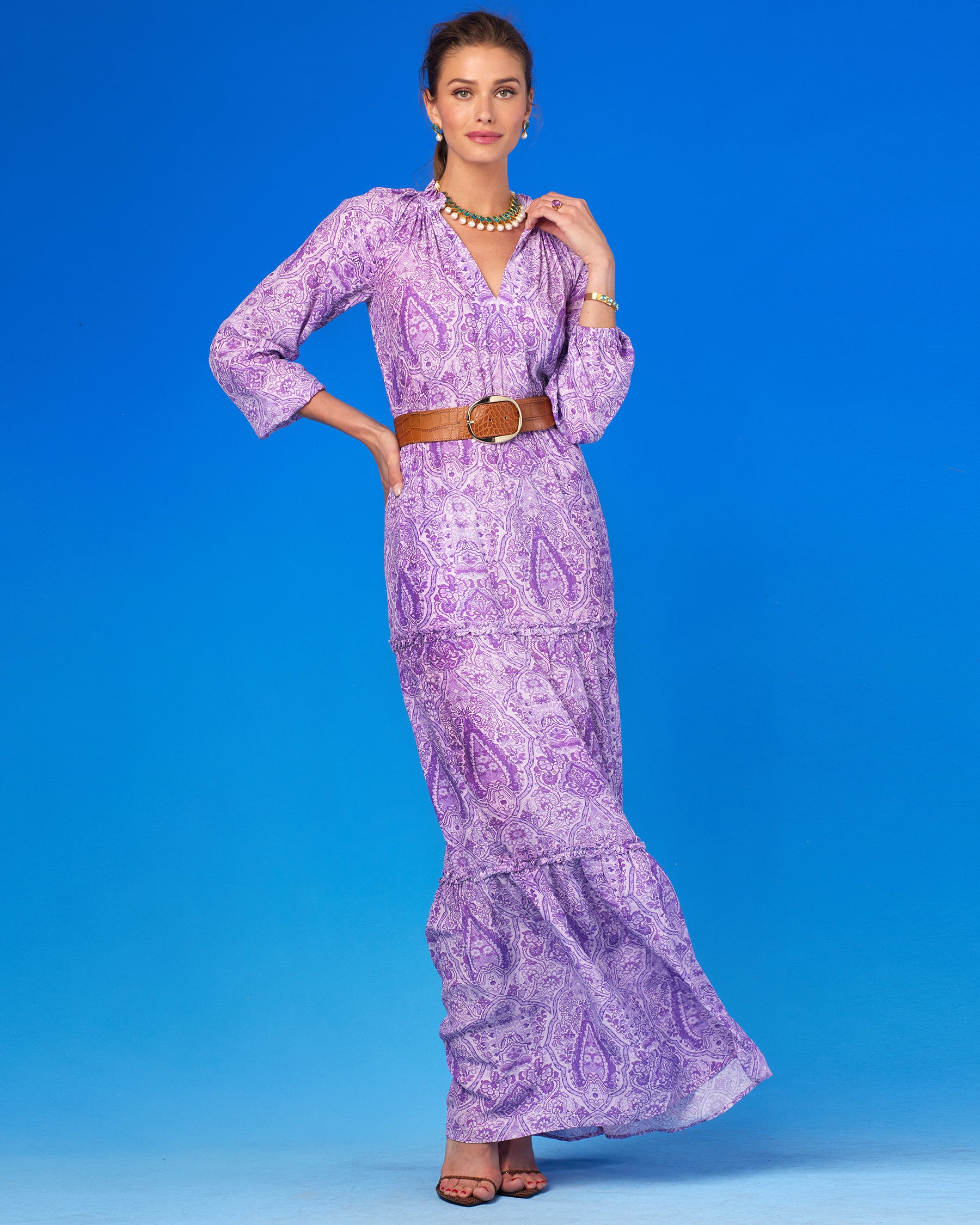 Violette Ruffle Maxi Dress in Lavender Paisley