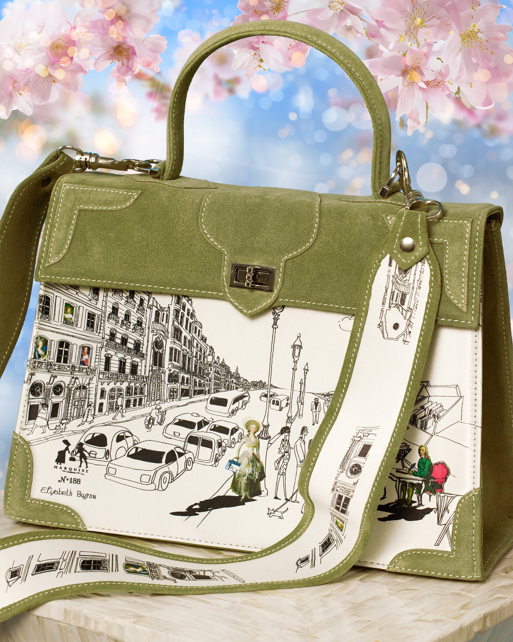 Marquise Marquise Voltaire La Vie Parisian Top Handle Shoulder Bag in Khaki Green-Side view with shoulde strap