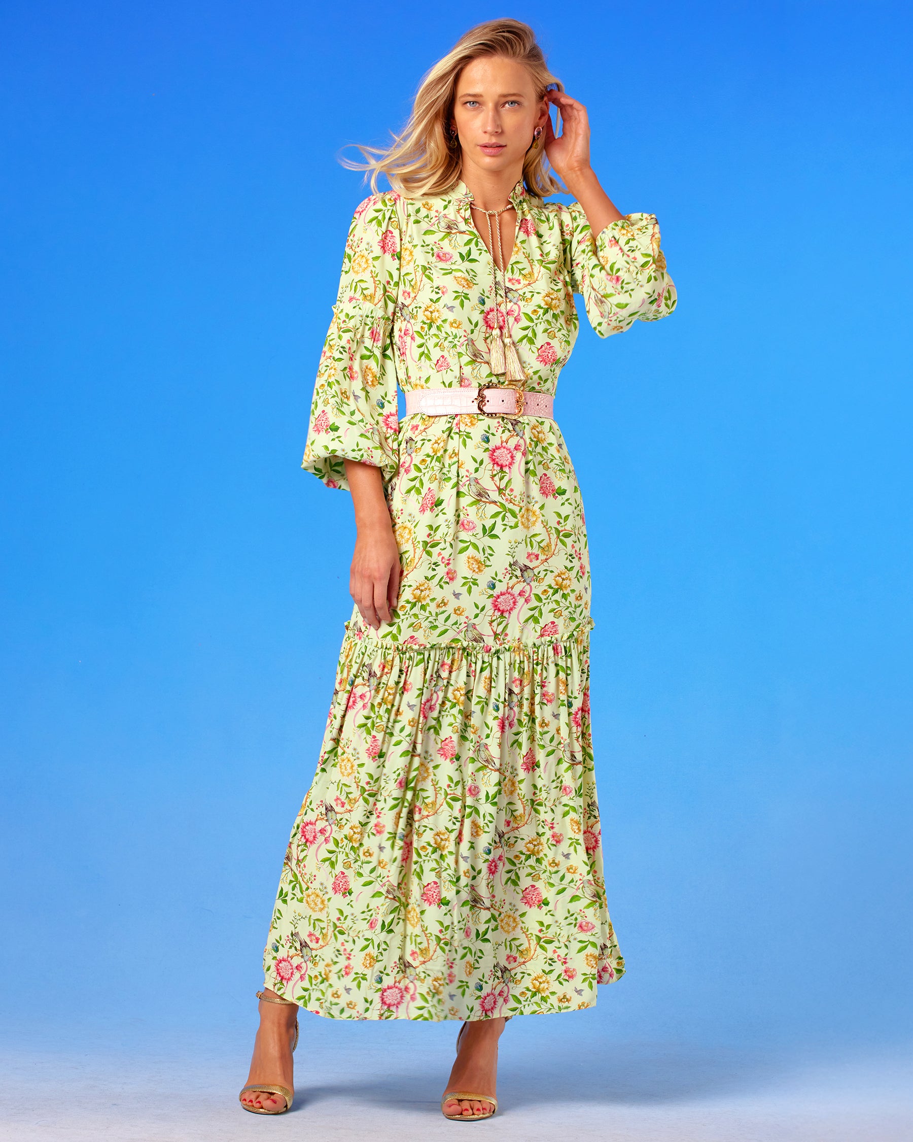 Waverly Maxi Dress in Paradise Florals standing with arm up