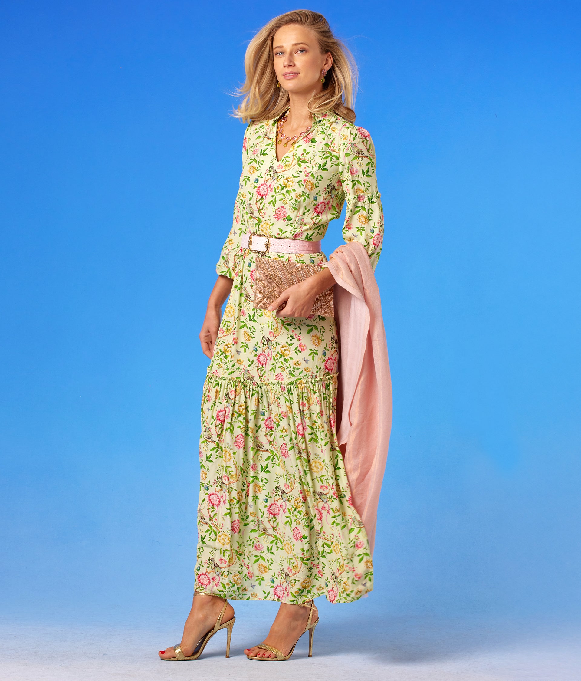 Tinsley Leather Belt in Croc-Embossed Blush Pink worn with the Waverly Maxi Dress in Paradise Florals