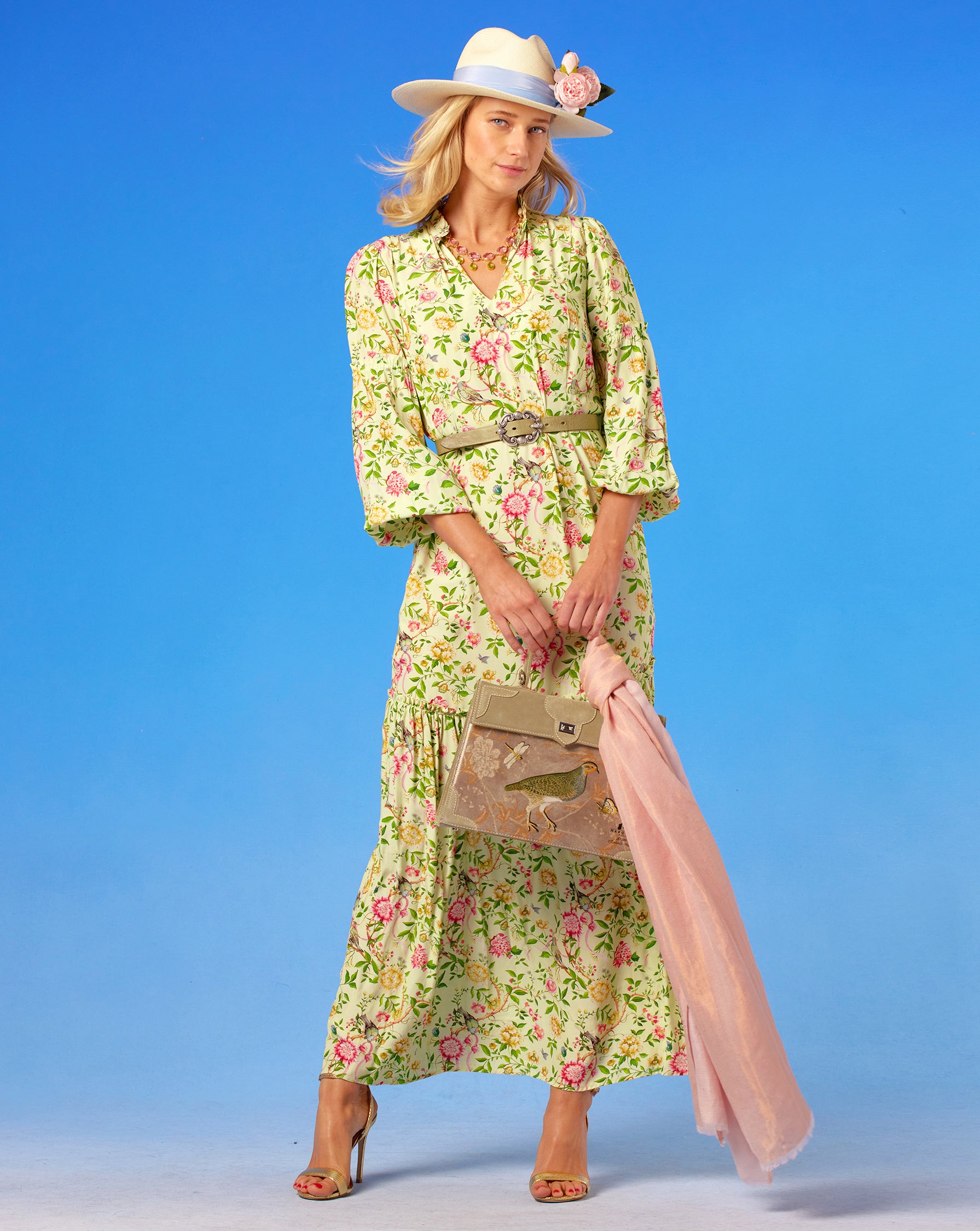 Marquise Paris Le Perdreau Top Handle Shoulder Bag in Moss Green worn with the Waverly Maxi Dress in Paradise Florals