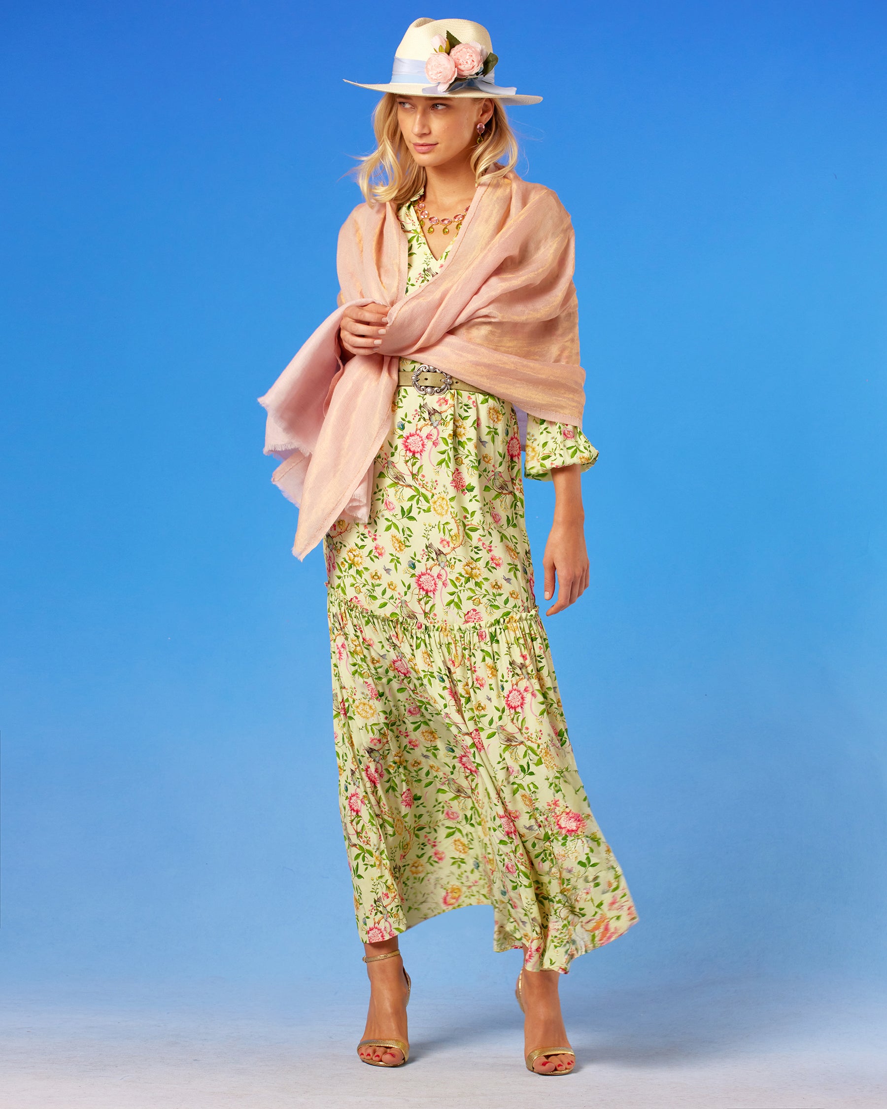 Waverly Maxi Dress in Paradise Florals-full length front view with Josie Pink Gold Shimmer Pashmina Cashmere Stole