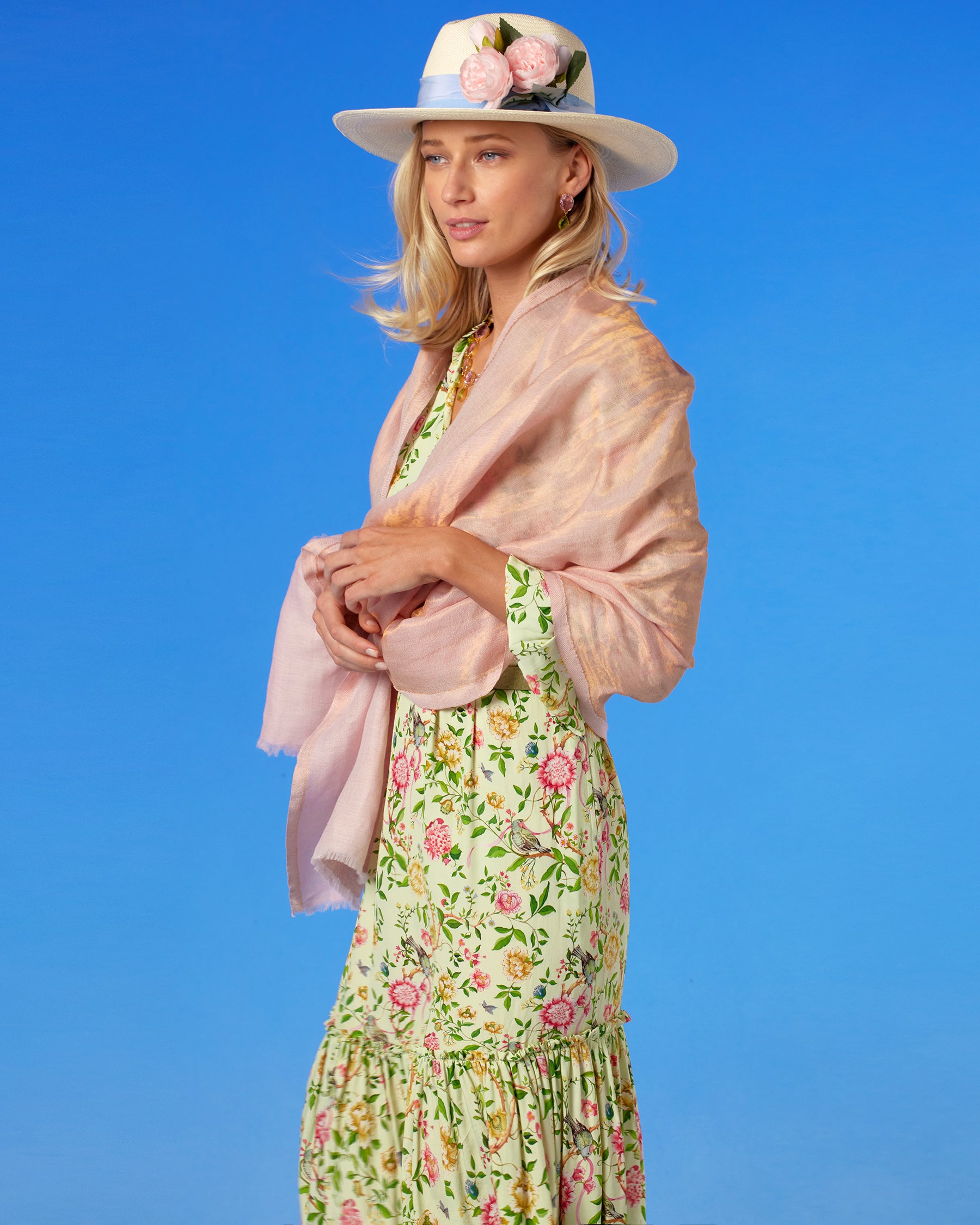 Waverly Maxi Dress in Paradise Florals-closeup with Josie Pashmina Cashmere Shawl