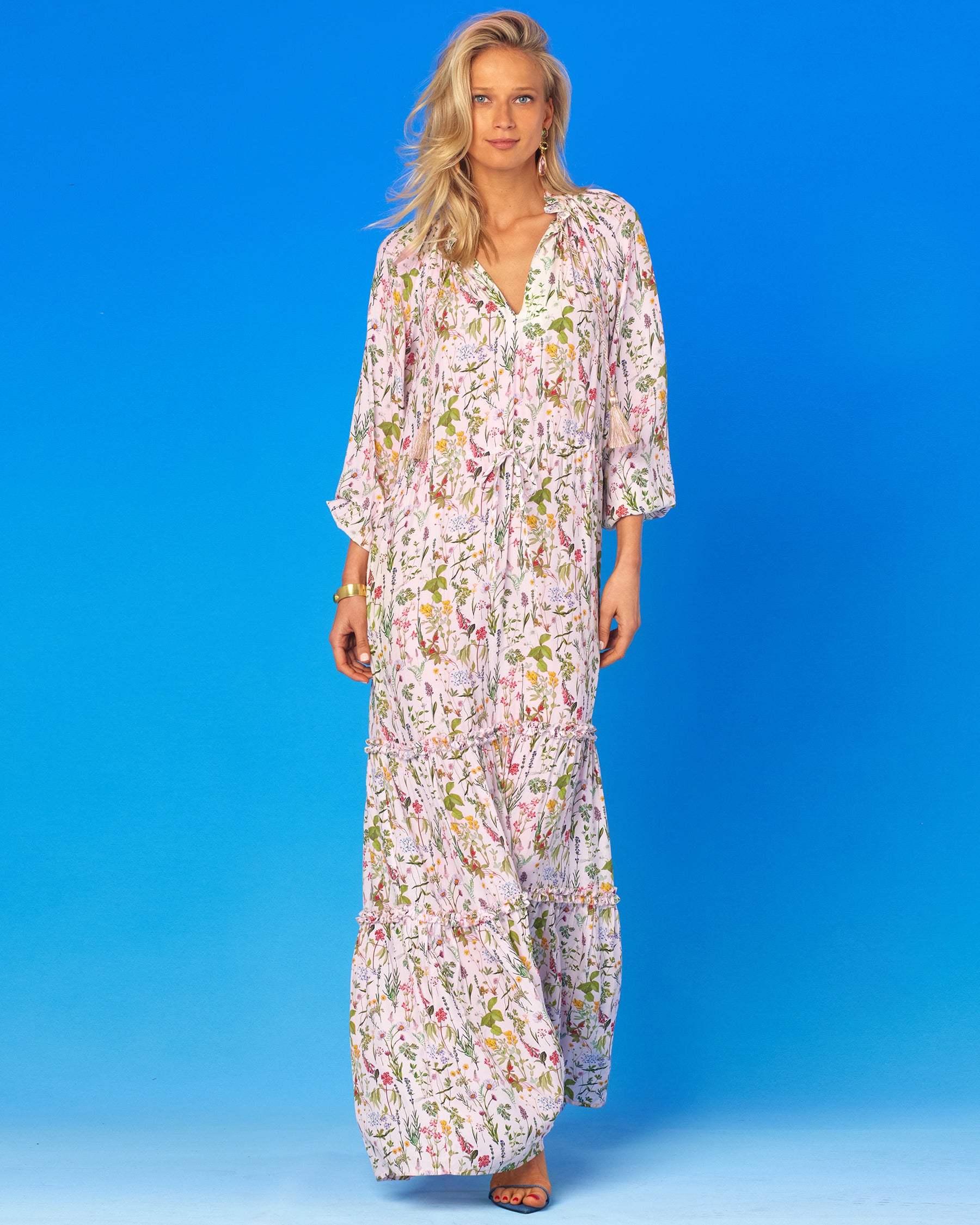 Willow Ruffle Drawstring Maxi Dress in Floral Meadow-Relaxed Drawstring