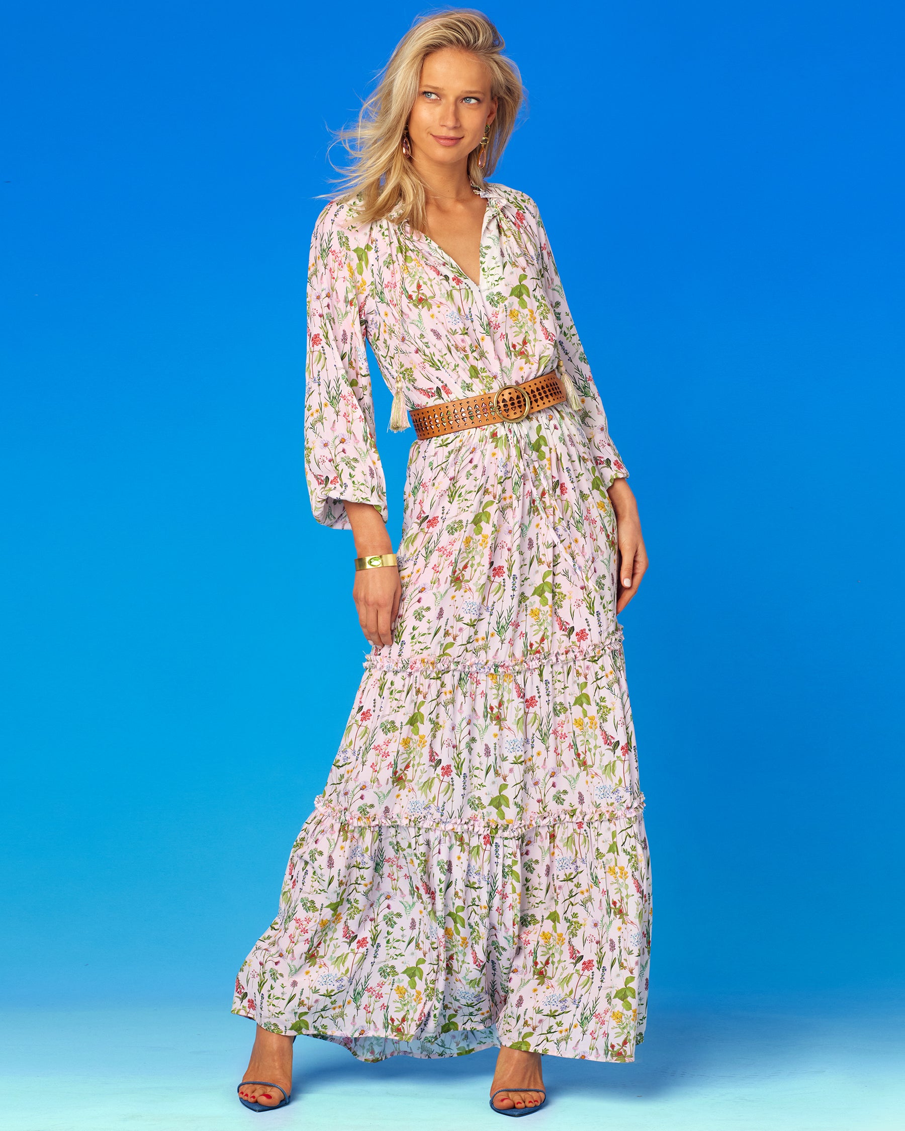 Willow Ruffle Drawstring Maxi Dress in Floral Meadow-Front Full View
