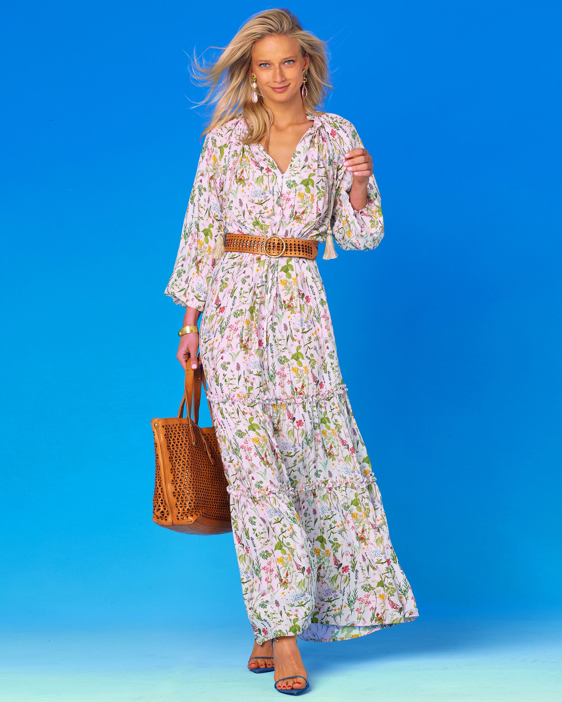 Willow Ruffle Drawstring Maxi Dress in Floral Meadow-Front View Walking