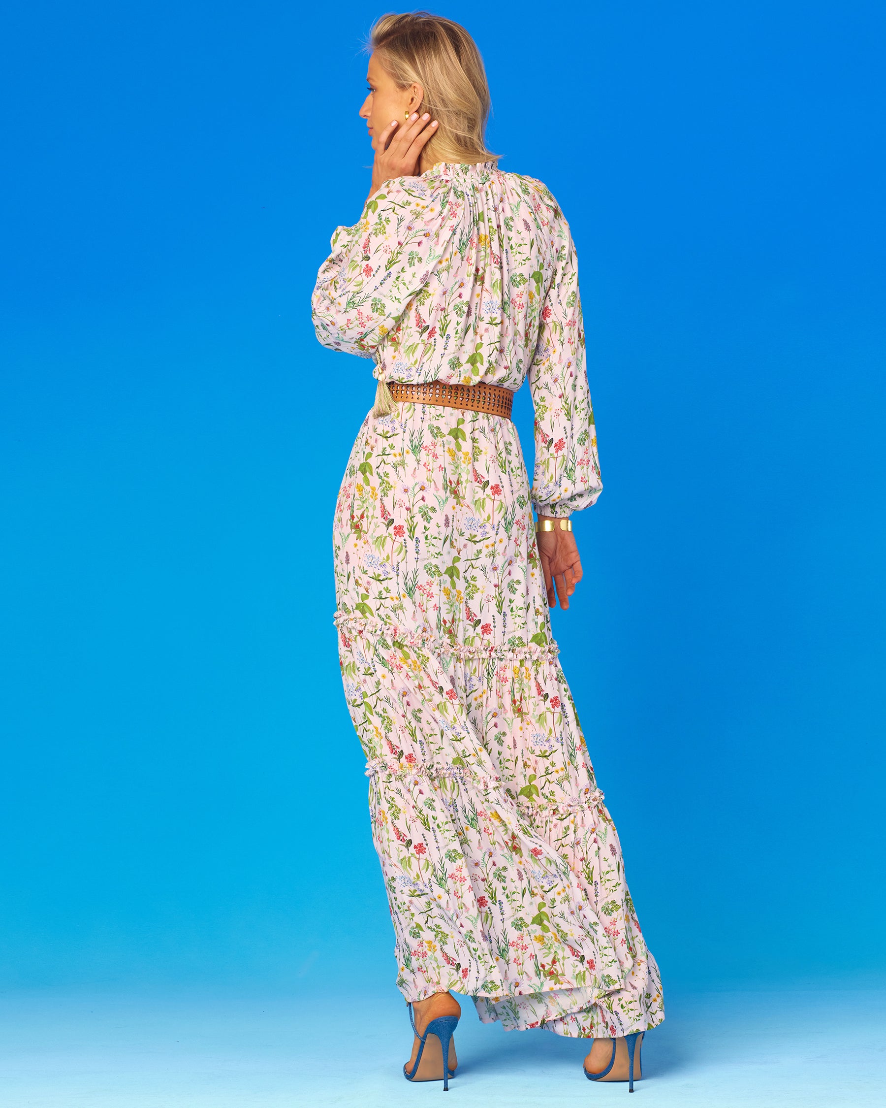 Willow Ruffle Drawstring Maxi Dress in Floral Meadow-Back View
