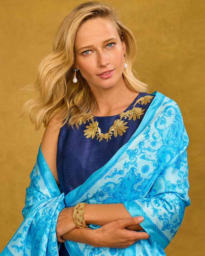 NicoBlu Palmira Short Shift Dress in Robin Egg Blue and Gold Embellishment NicoBlu Palmira Short Shift Dress in Robin Egg Blue and Gold Embellishment
