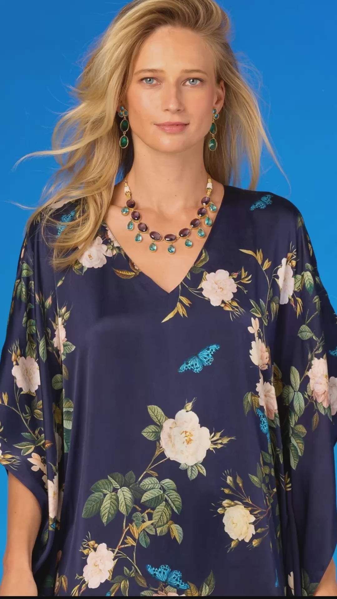 Gwendolyn Silk Kaftan in Navy English Garden video