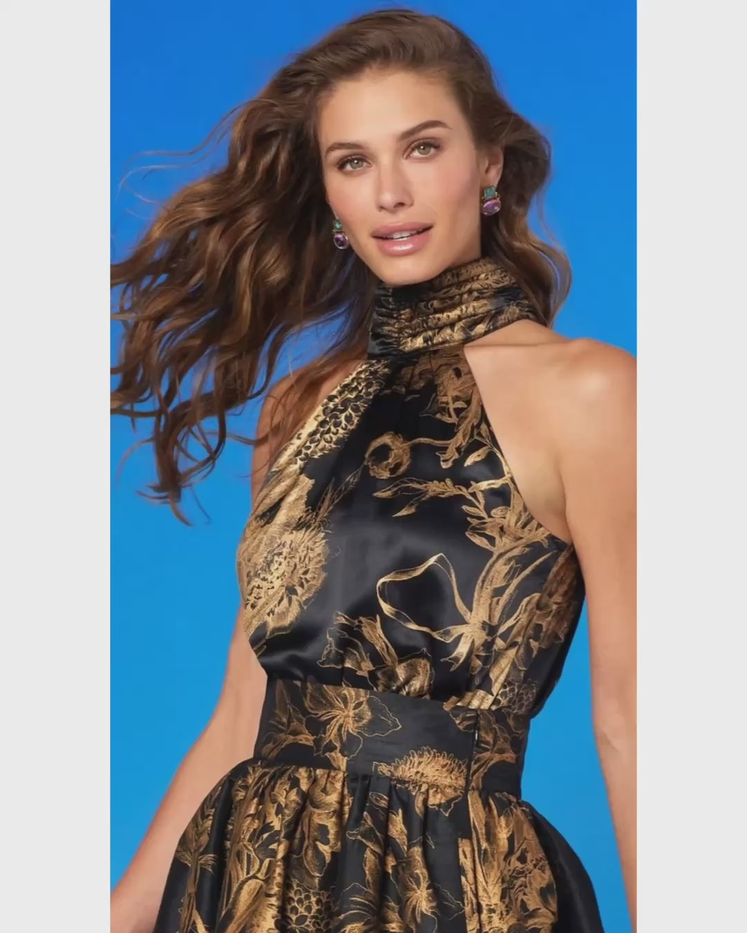 Video of teh Alessia Silk Halter Top in Black and Gold