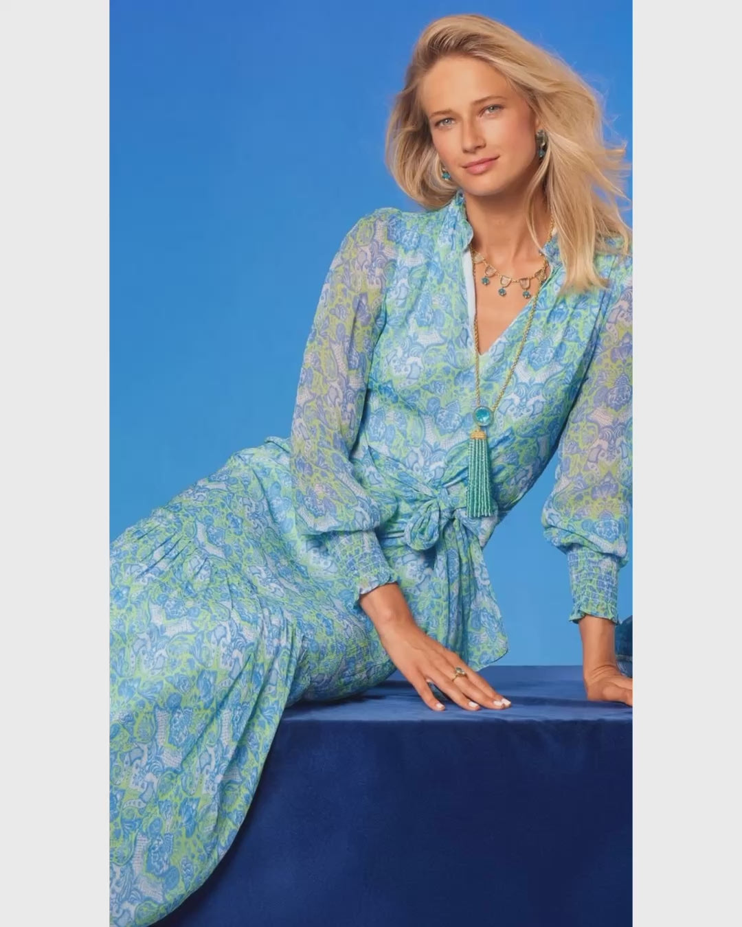 Video of the Colette Maxi Chiffon Dress in Shalimar Turquoise and Green