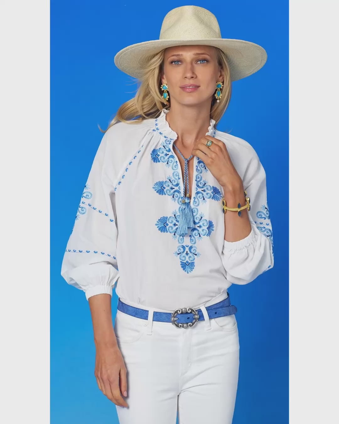 Video of the Menorca Blouse and Grecian Motif Embroidery in White
