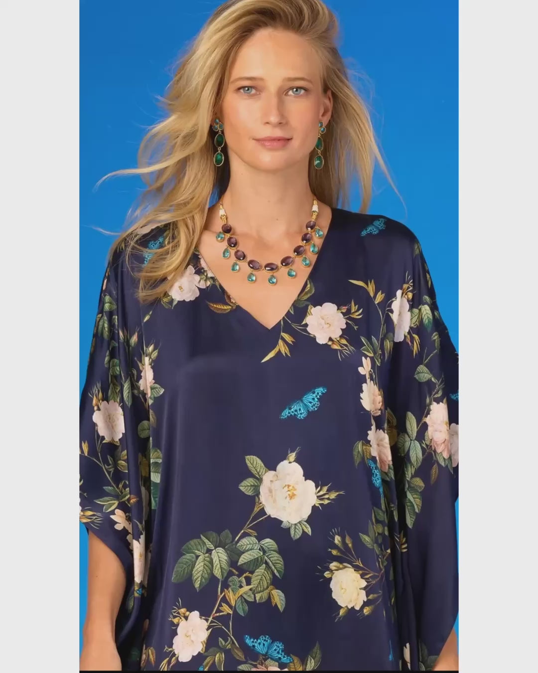 Video of the Gwendolyn Silk Kaftan in Navy English Garden