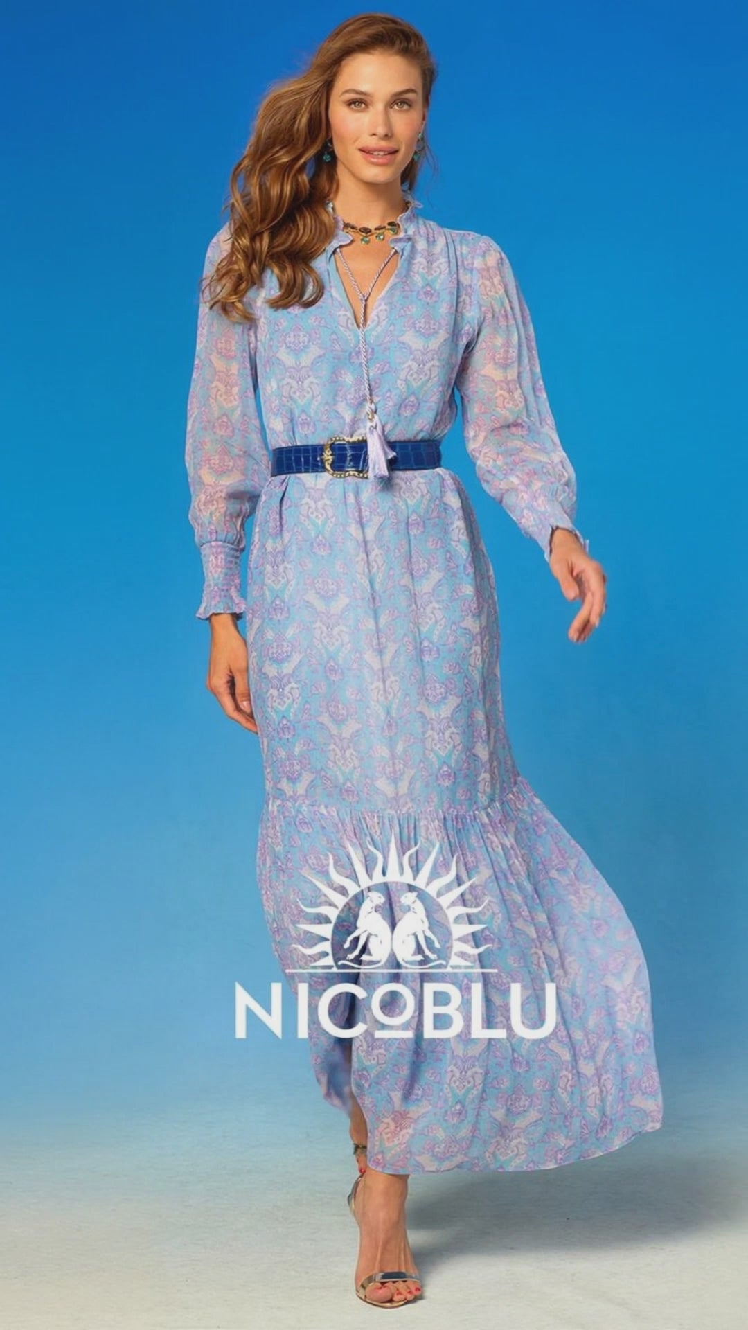 A video of the Colette Maxi Chiffon Dress in Shalimar Lavender on Robin Egg Blue