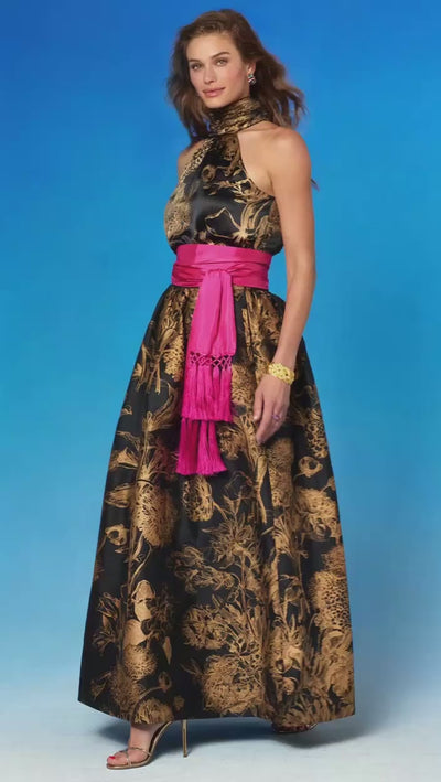 Video of Florence Long Full Skirt in Black and Gold Floral Toile