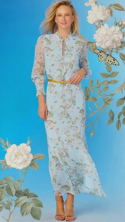Colette Maxi Chiffon Dress in Porcelain Sky English Garden video