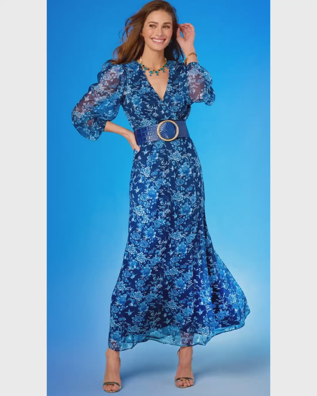 Video of Angelina Maxi Chiffon Dress in Navy Florals