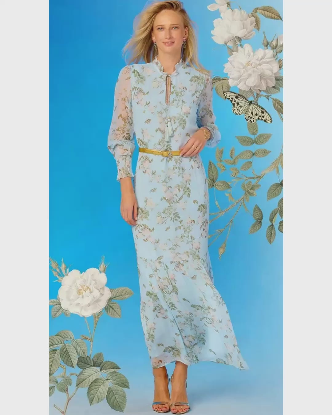Video of the Colette Maxi Chiffon Dress in Porcelain Sky English Garden