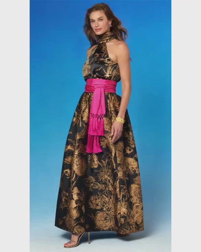 Video of the Florence Long Full Skirt in Black and Gold Floral Toile