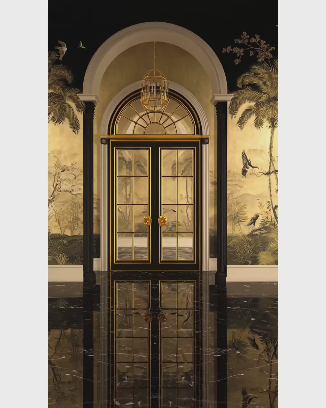 Video of the Octavia Long Dress in Black and Gold Palm Embellishment
