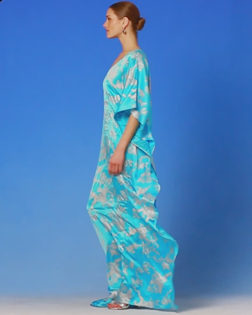 Ava Silk Kaftan in Turquoise and Silver Motif